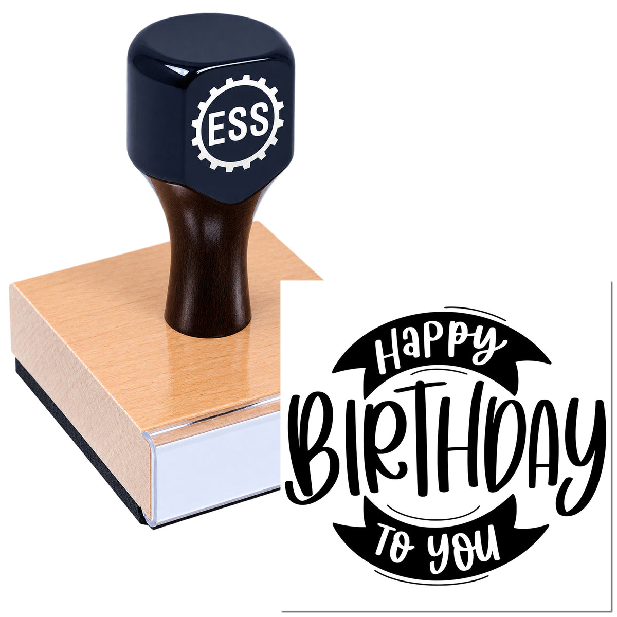 Black ESS rubber stamp on wooden block beside a black Happy Birthday To You seal design