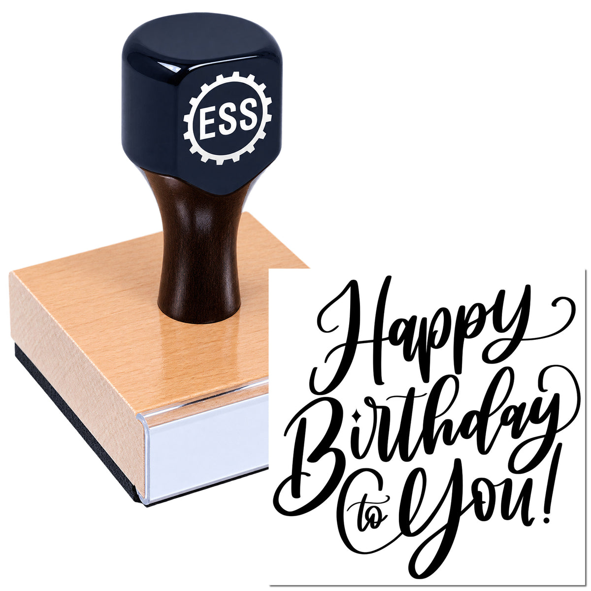 Dark navy ESS rubber stamp on copper seal block with black "Happy Birthday to You!" script on white