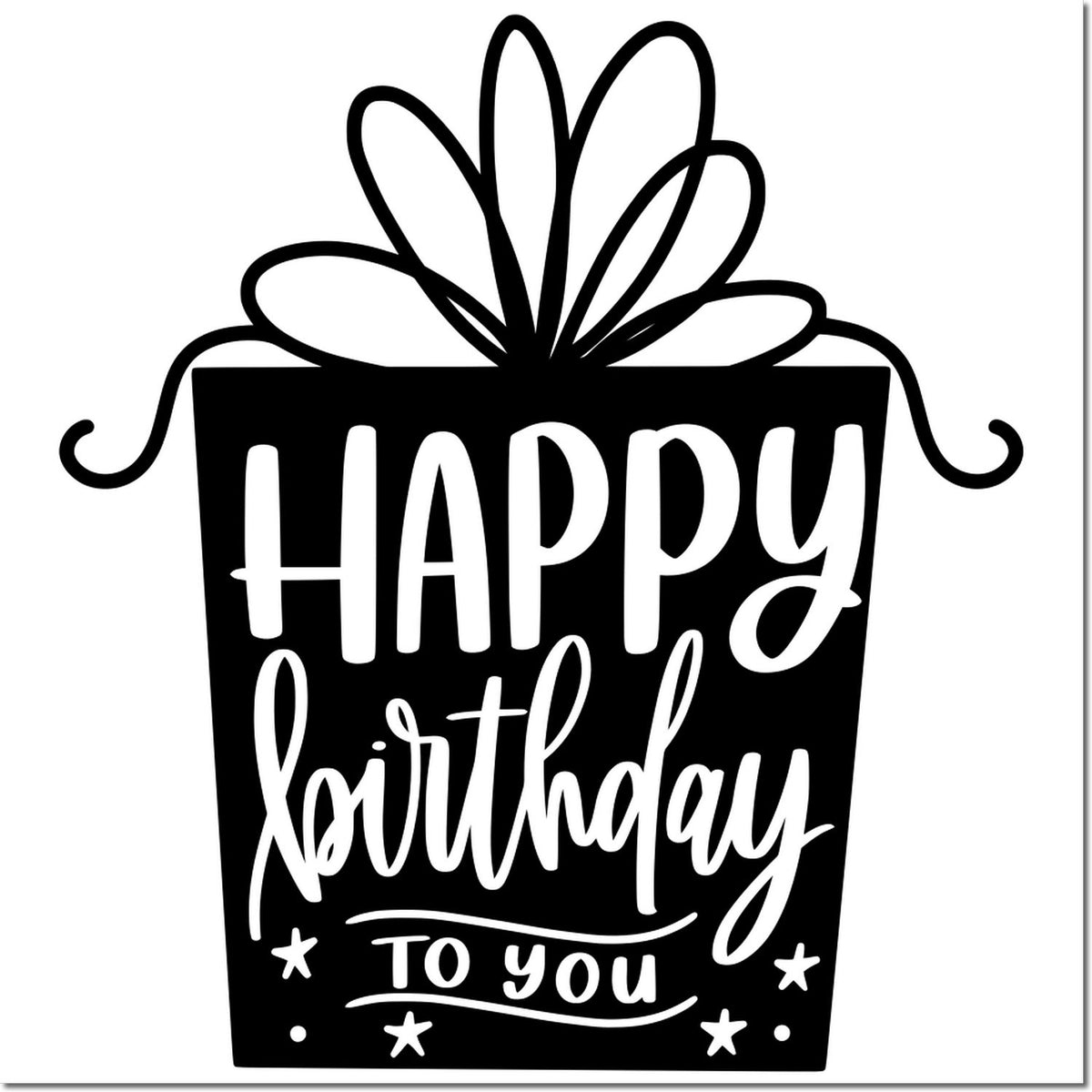 Black-and-white Happy Birthday to You gift box stamp seal with bow and decorative script.