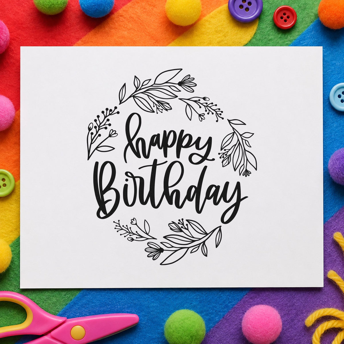Happy Birthday Leafy Wreath craft stamp imprint in black ink on a handmade project, one idea being mat strap gift tags.