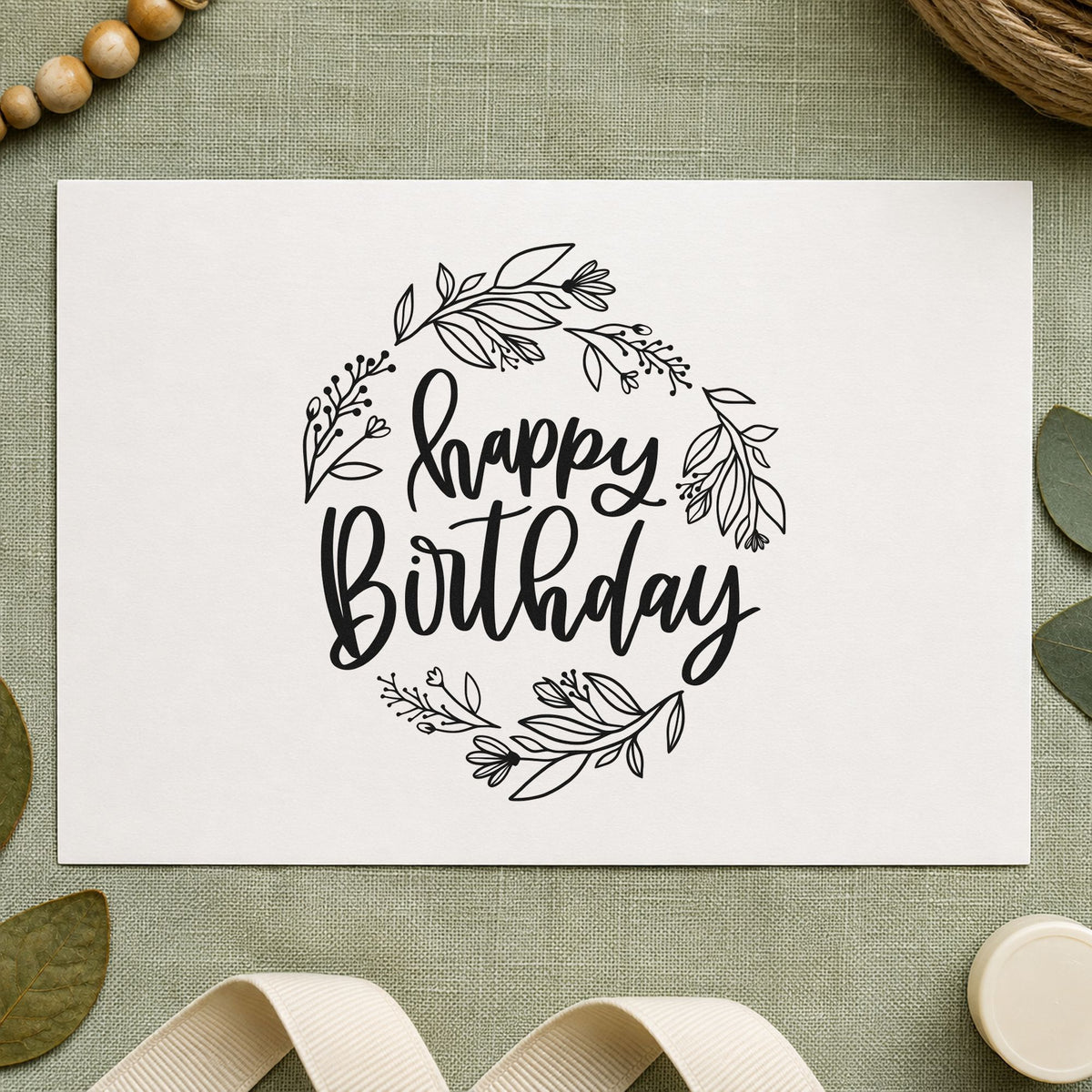 Happy Birthday Leafy Wreath rubber stamp printed in black ink, ready for class book sheet and similar paper crafts.