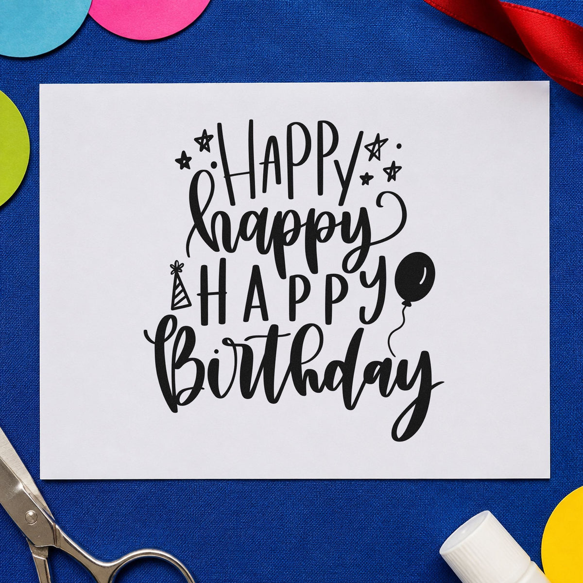 Repeated Happy Birthday Balloons craft stamp imprint in black ink on a handmade project, one idea being favor bag gift tags.