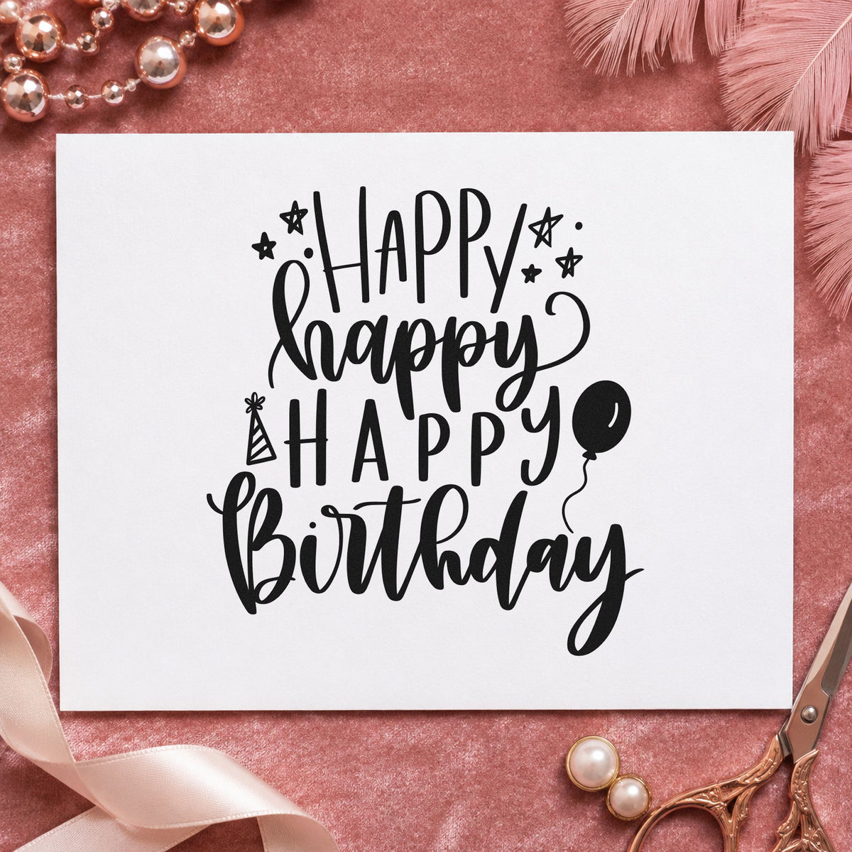 Repeated Happy Birthday Balloons rubber stamp printed in black ink, ready for party run sheet and similar paper crafts.