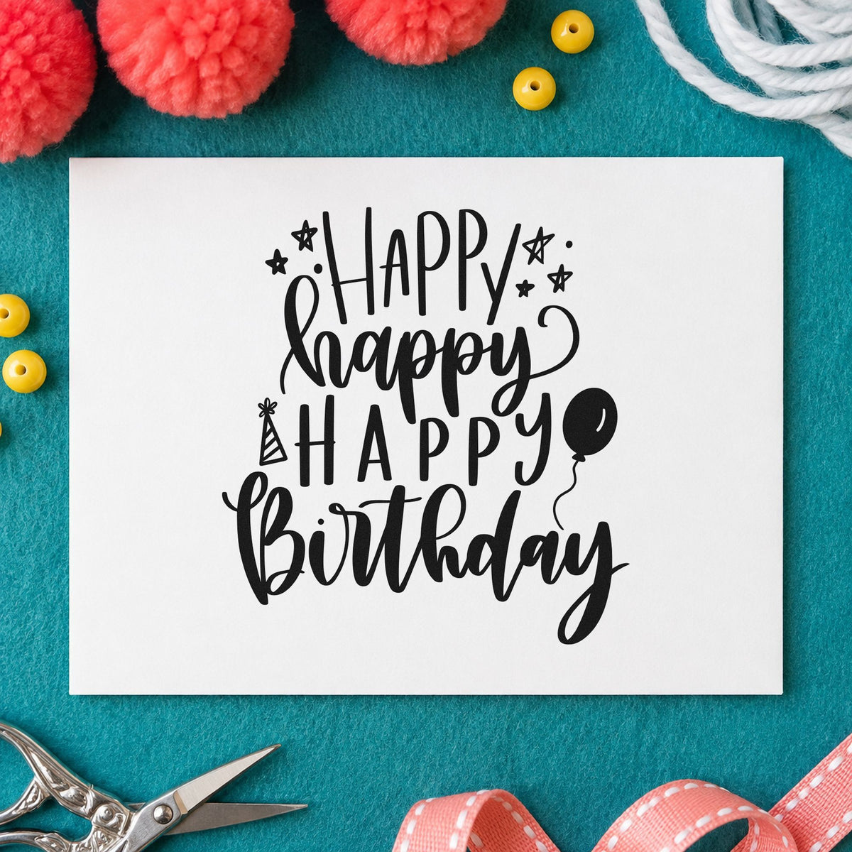 Repeated Happy Birthday Balloons rubber stamp printed in black ink, ready for repeated word cards and similar paper crafts.