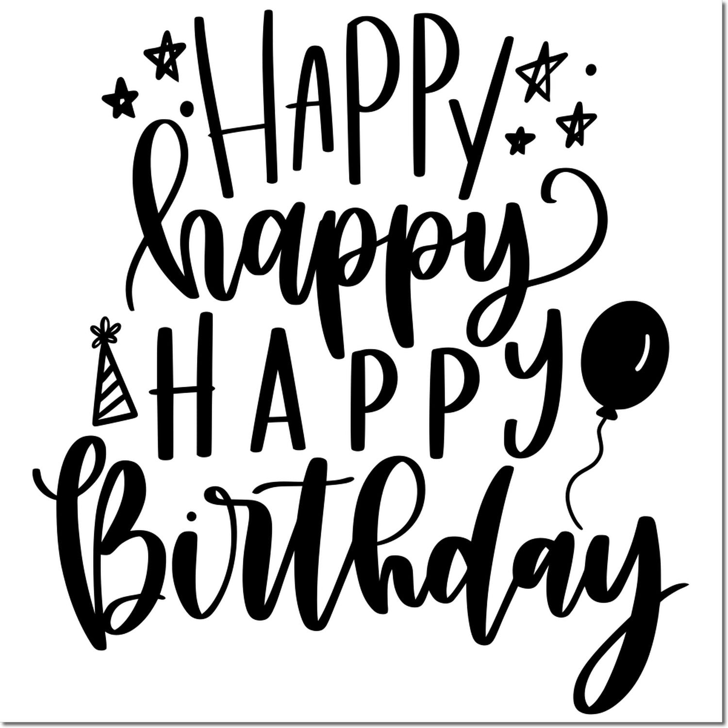 Black birthday stamp seal with hand-lettered Happy Birthday, stars, party hat, and balloon on a white background.