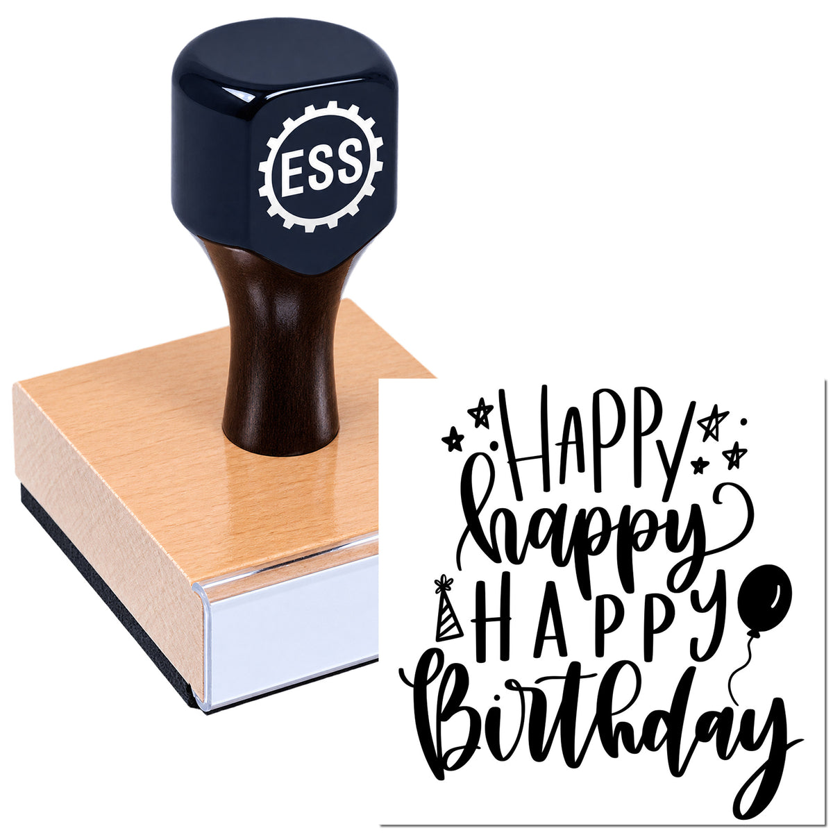 Custom black rubber stamp seal with ESS logo on a wood mount, imprinting a black Happy Happy Happy Birthday design with stars and balloon.