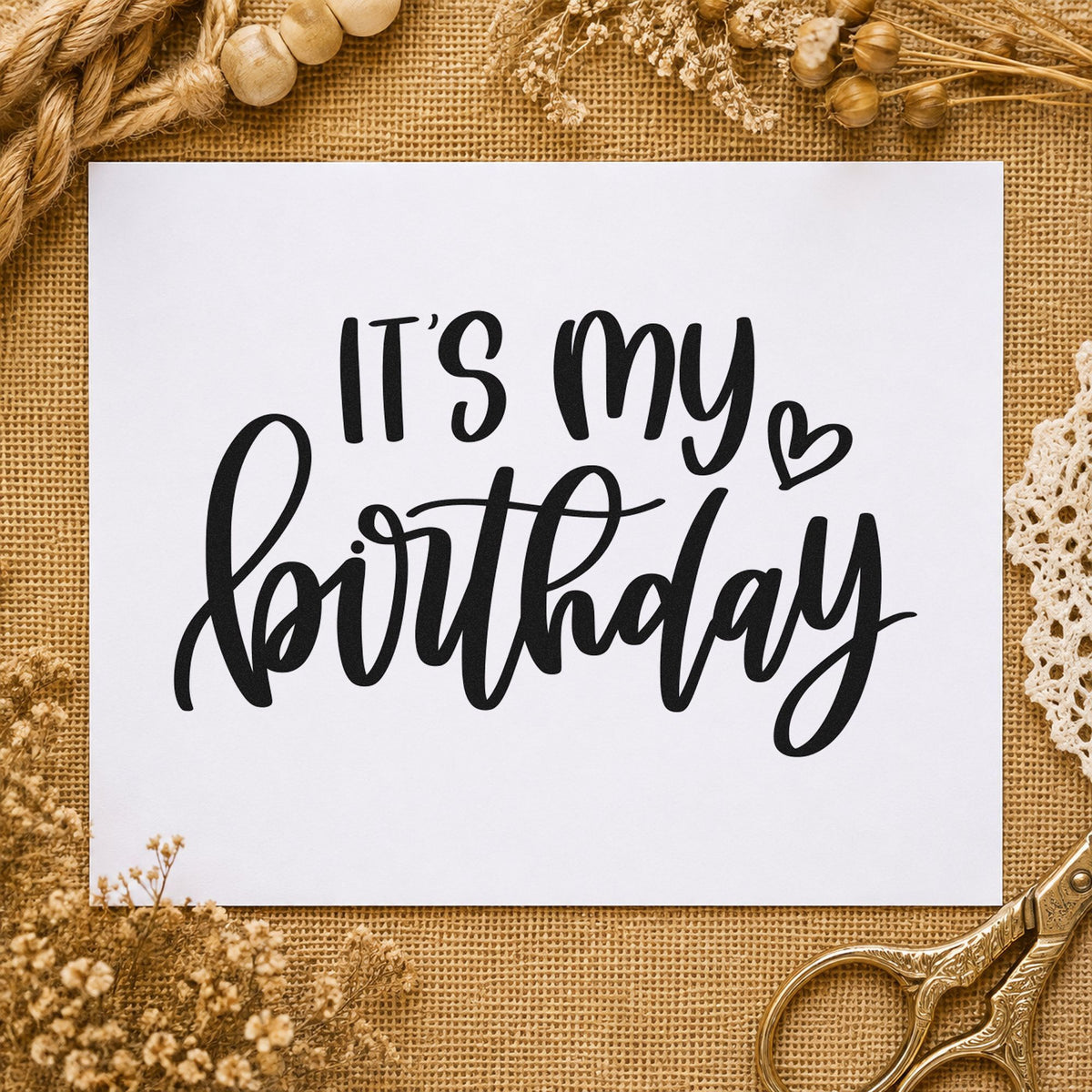 It Is My Birthday craft stamp imprint in black ink on a handmade project, one idea being self gift tags.