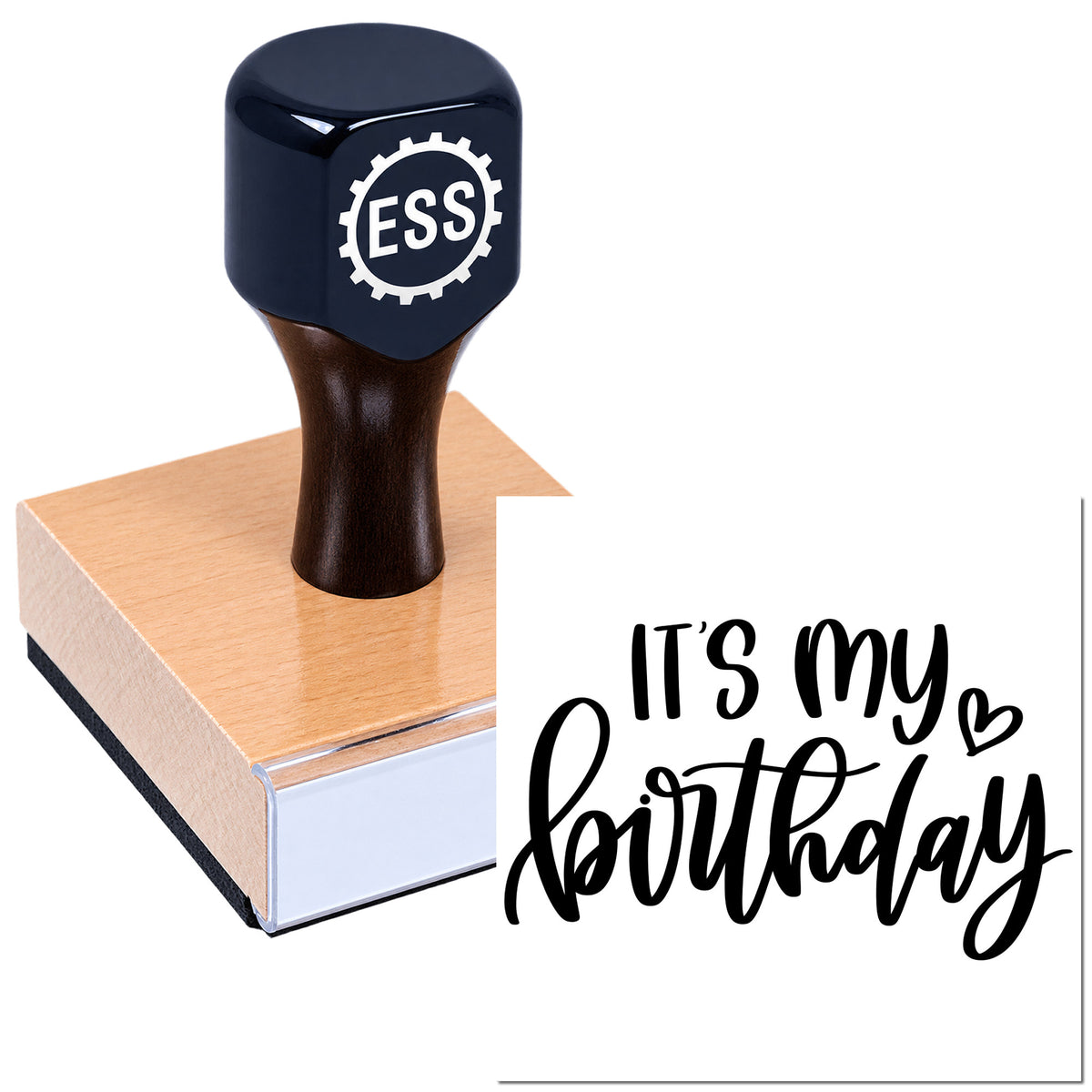 Black ESS stamp and seal on a pink pad, with "It's my birthday" in bold black script.
