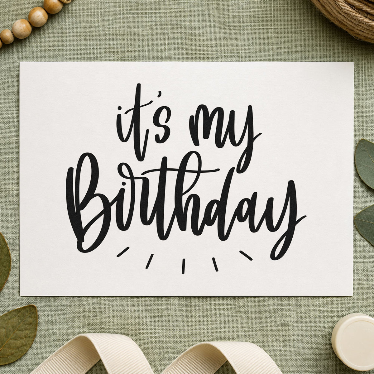 My Birthday Radiating Script craft stamp in black ink on cardstock, an easy option for shop day album page.