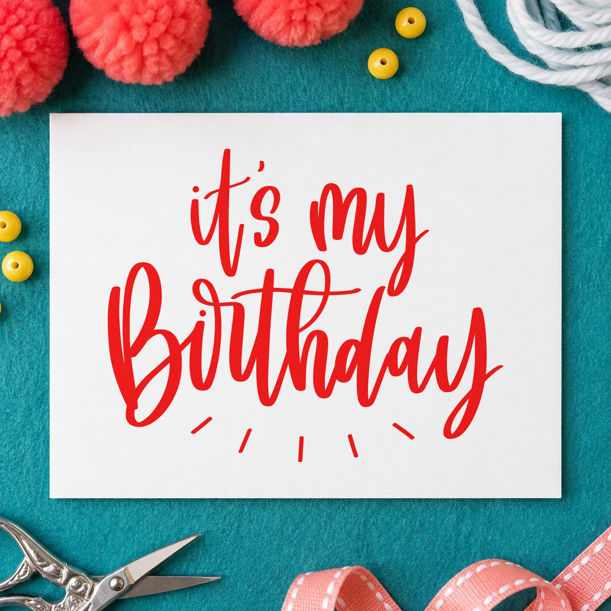My Birthday Radiating Script rubber stamp shown in red ink, stamped for projects such as bin return labels.