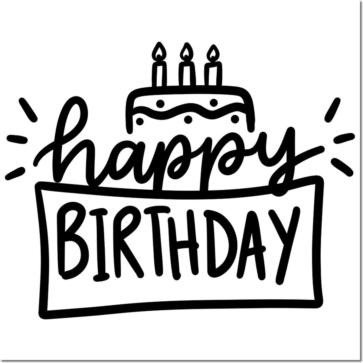 Black happy birthday stamp seal with cake, three candles, and bold handwritten text on a white background.