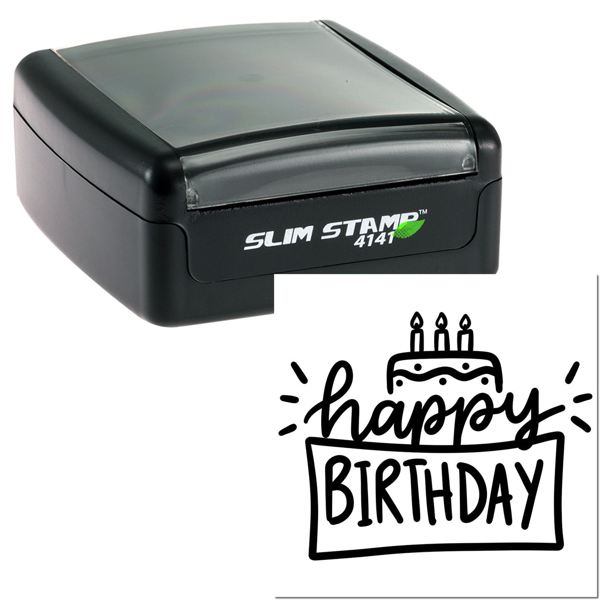 Black Slim Stamp 4141 self-inking stamp and Happy Birthday seal design with cake on white background