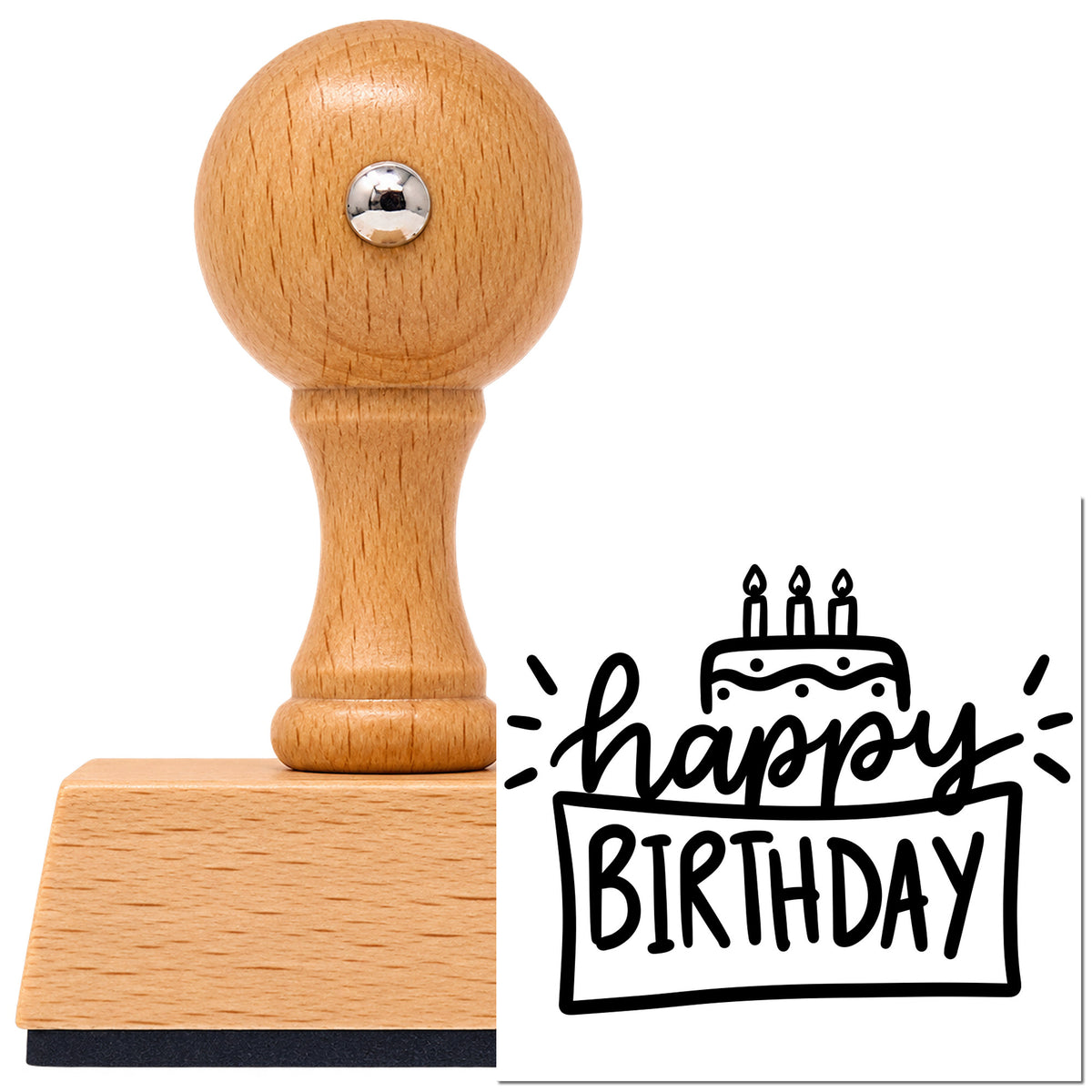 Vintage Pro beech wood stamp with a round knob handle, shown with its black Happy Birthday Cake Frame imprint on white.
