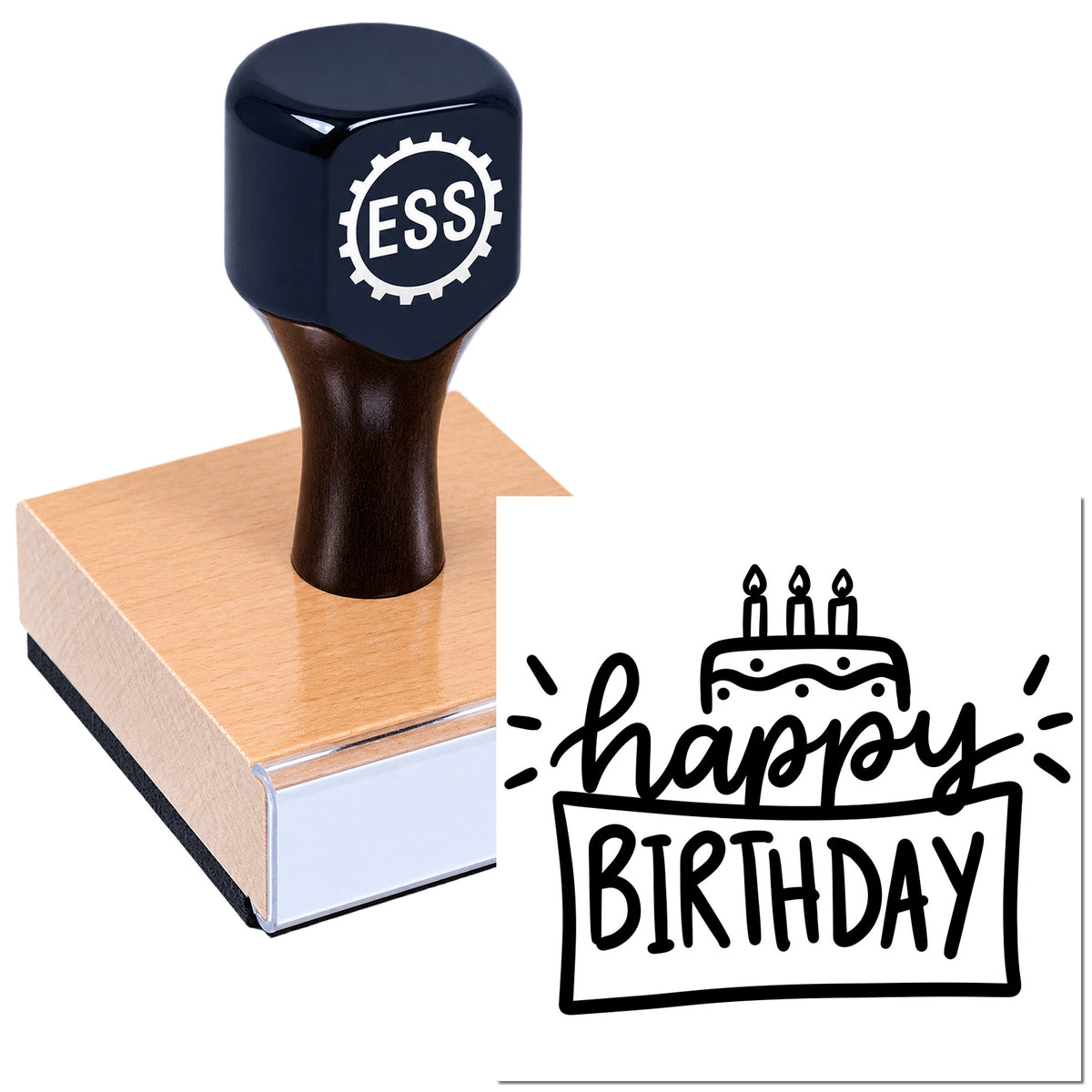 Navy ESS rubber stamp on wooden base with black "happy BIRTHDAY" seal design and candle icon