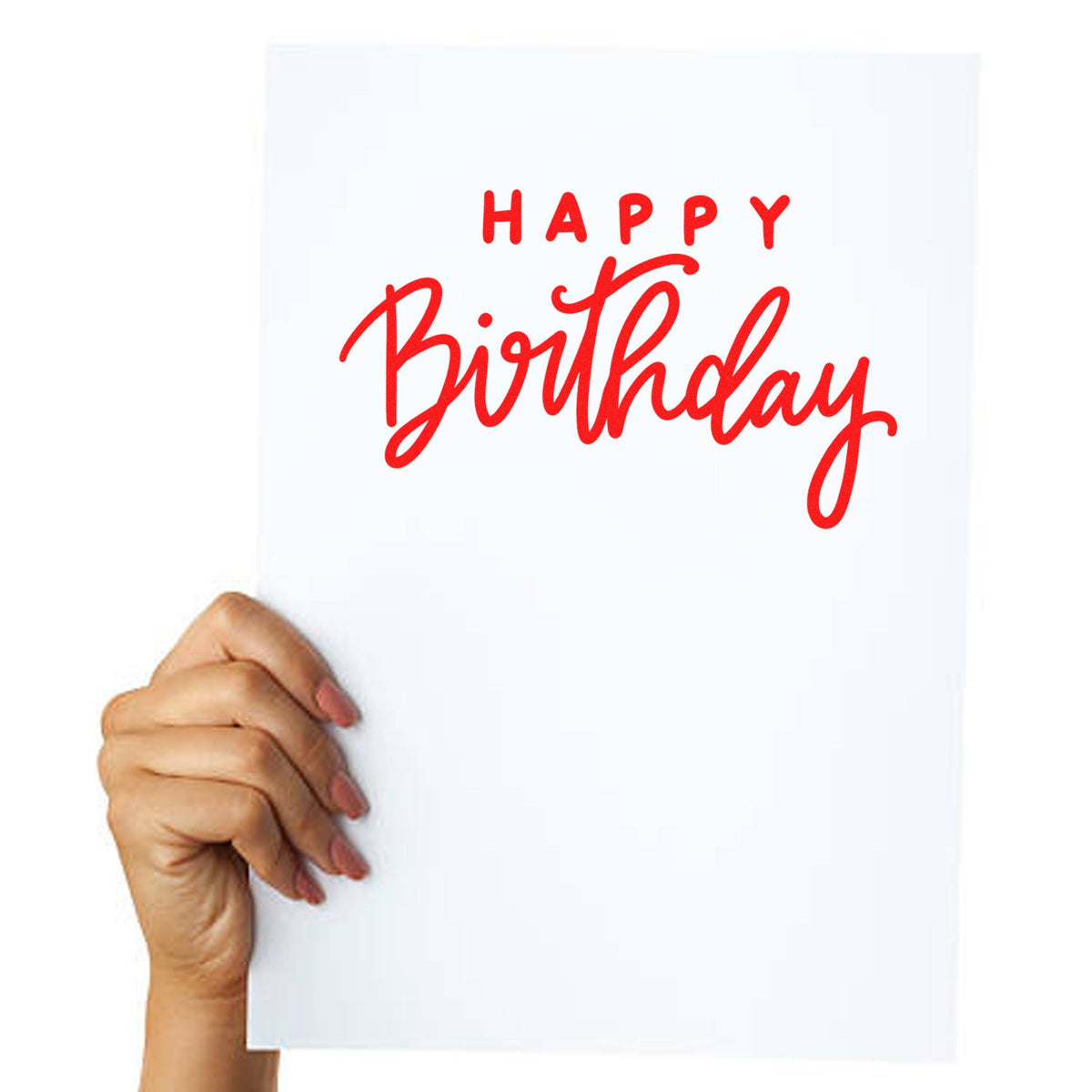 Hand holding white card with red Happy Birthday stamp, a custom greeting seal for cards and packaging.