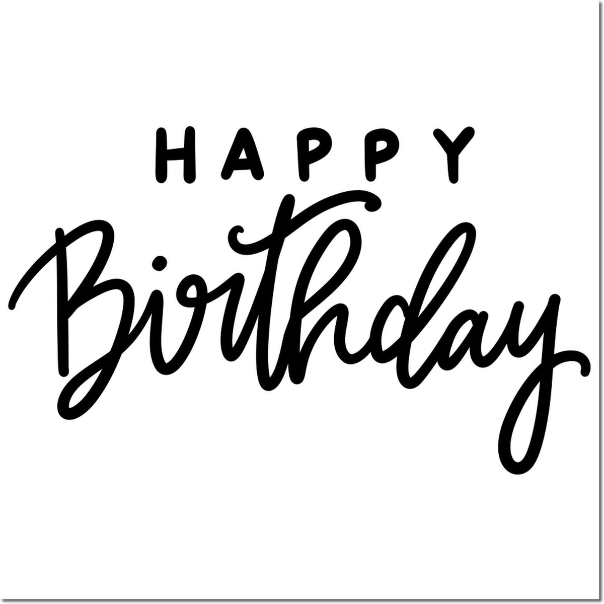 Black Happy Birthday script stamp design on white background for seals, cards, and craft projects.