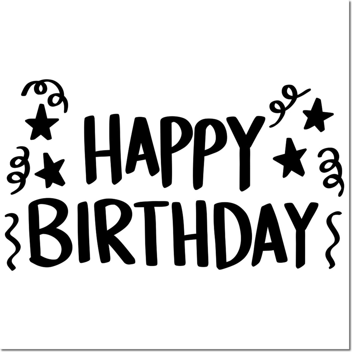 Black Happy Birthday stamp design with stars and confetti swirls for stamp and seal products