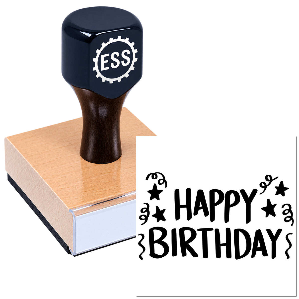 Black ESS seal stamp on wooden block, with bold black "HAPPY BIRTHDAY" imprint and star confetti design.