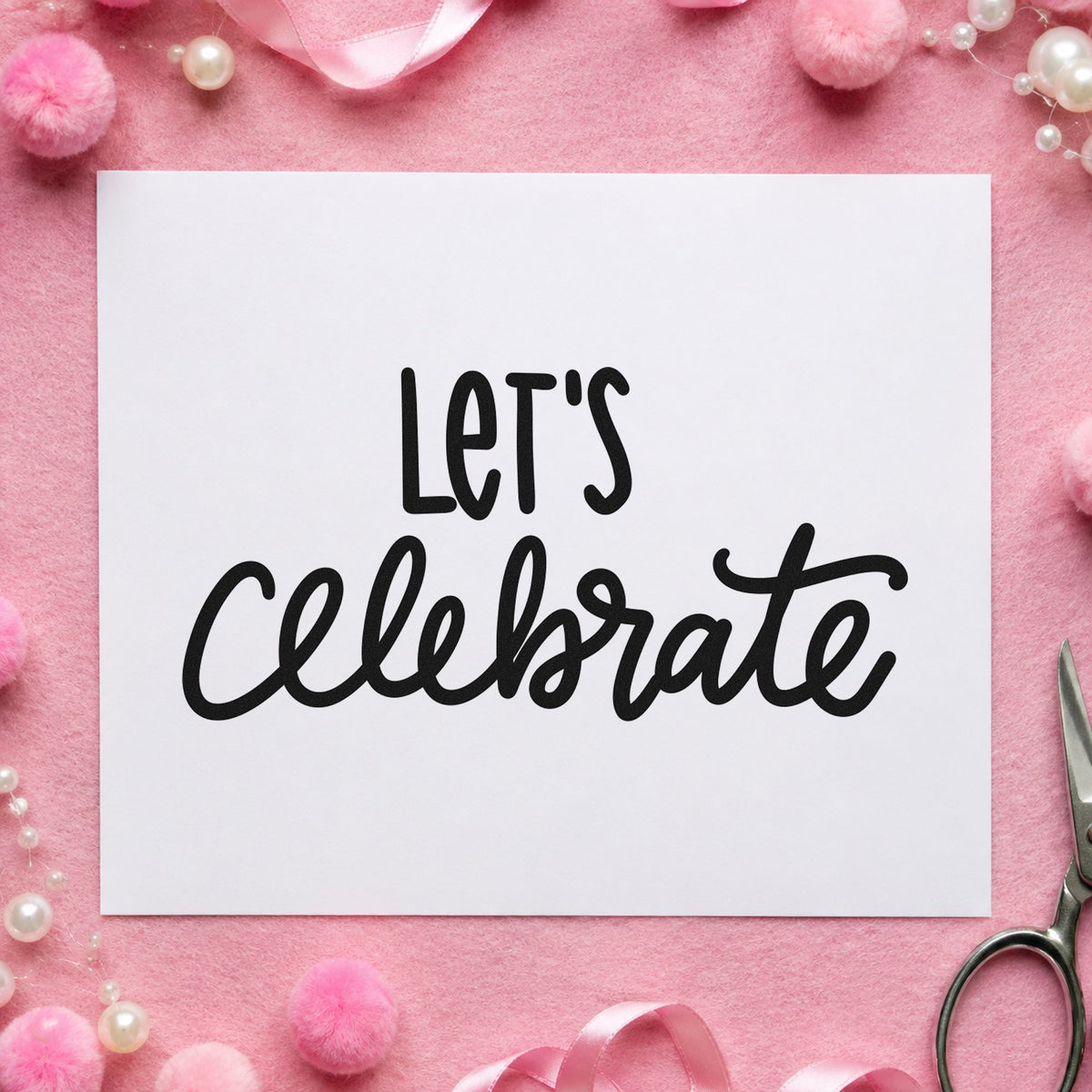 Let's Celebrate Script craft stamp in black ink on cardstock, an easy option for joint party album page.