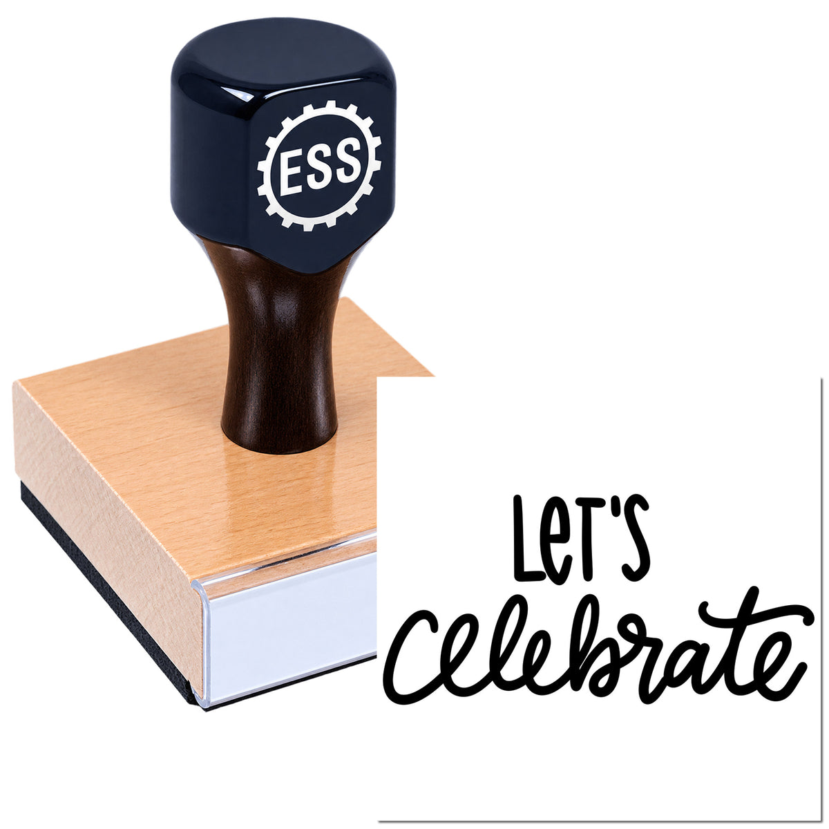 Black ESS stamp and seal with copper pad pressed on white card reading "Let's Celebrate"