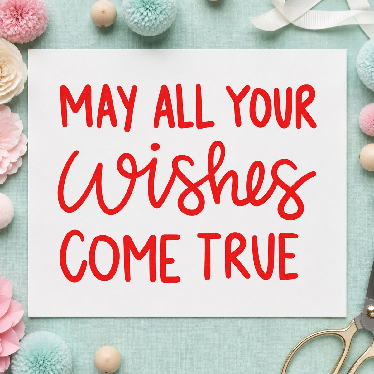 May All Your Wishes Come True craft stamp imprint in red ink on a handmade project, one idea being memory slip cards.