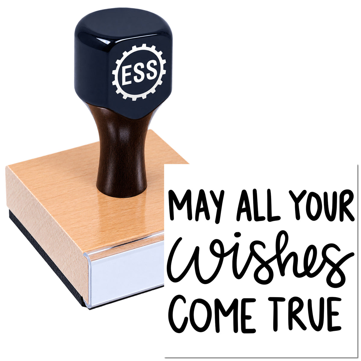 Black ESS custom stamp and seal on a rose-gold wooden block, beside a white card reading "May all your wishes come true."