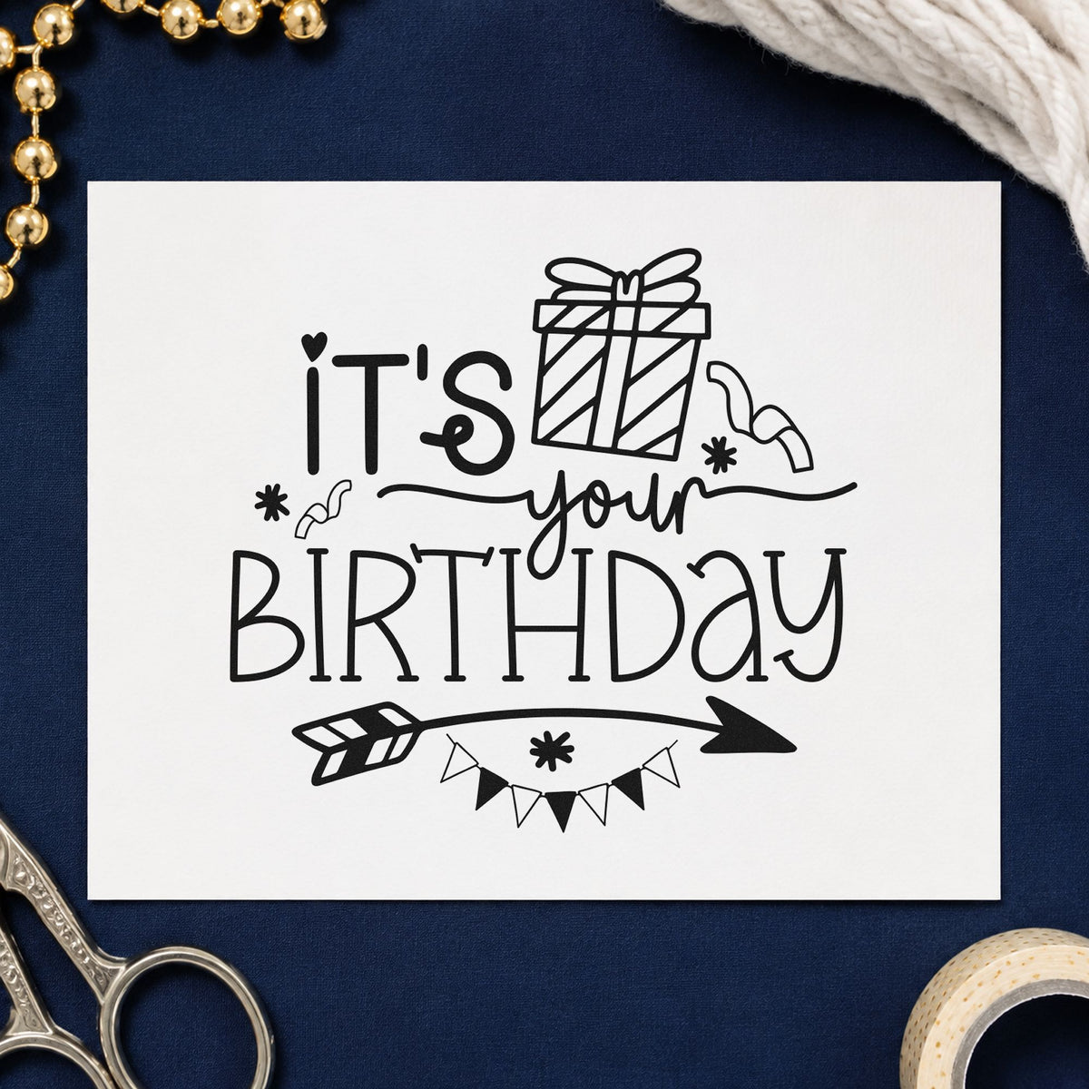 Your Birthday Gift Arrow craft stamp in black ink on cardstock, an easy option for hunt day album page.