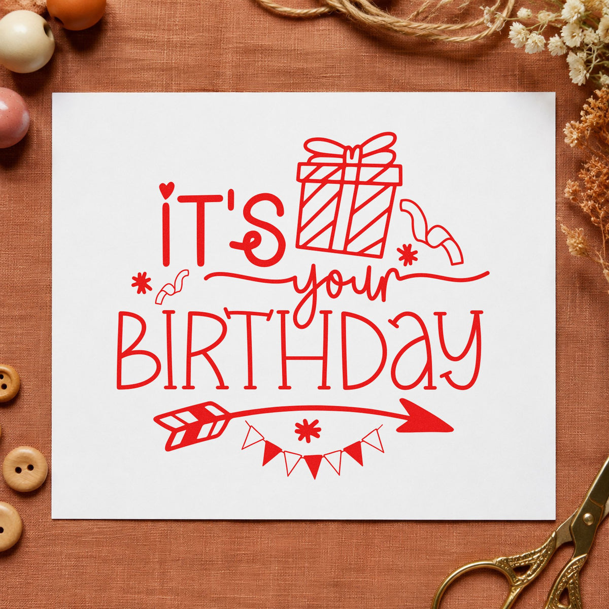 Your Birthday Gift Arrow craft stamp imprint in red ink on a handmade project, one idea being clue note cards.