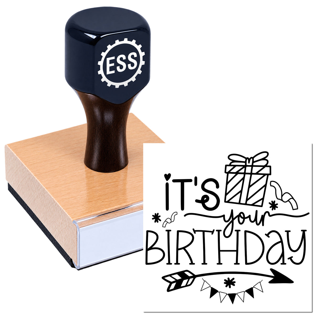 Dark navy custom stamp and seal on pink wooden block with black birthday greeting and gift icon