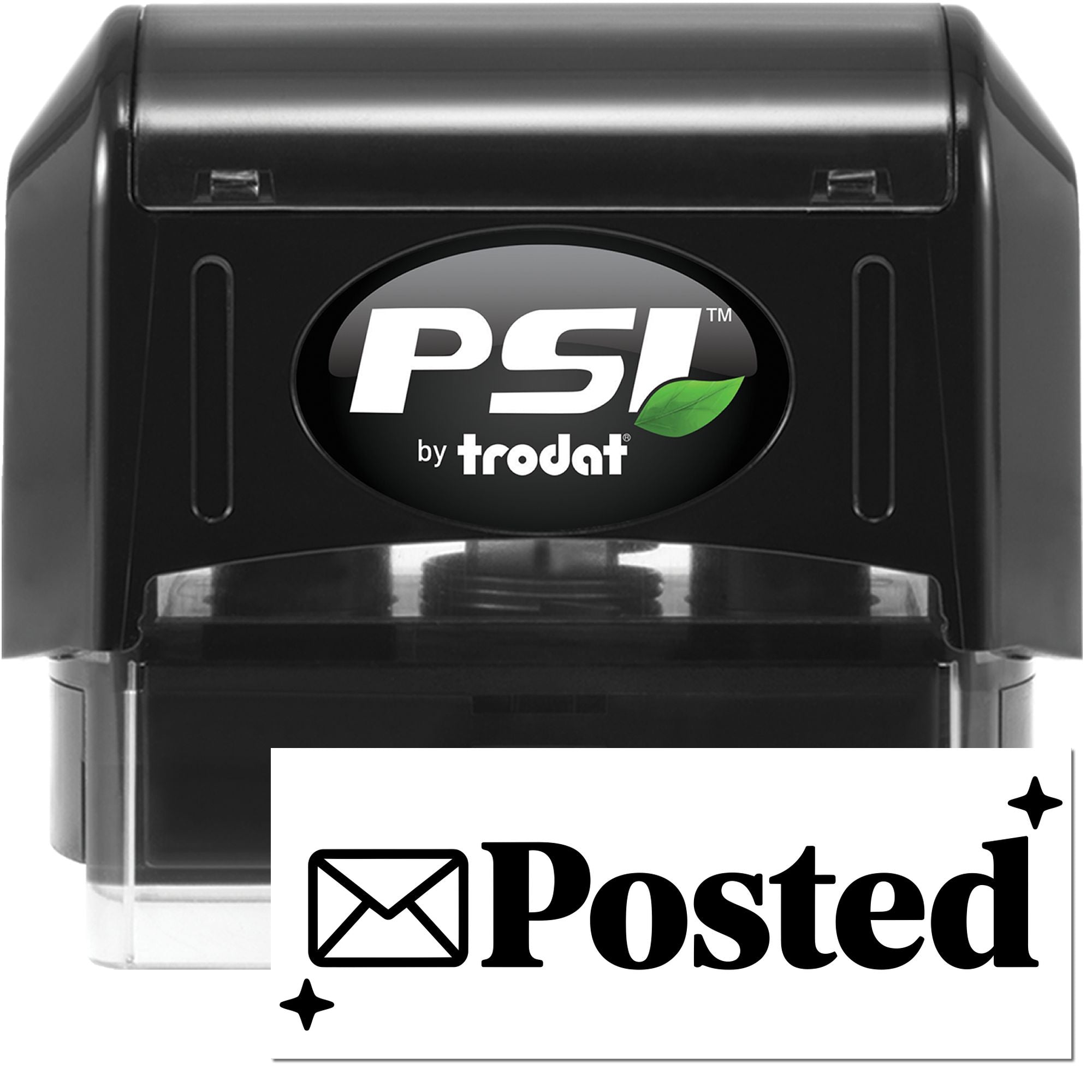Black PSI by Trodat self-inking stamp and seal with green leaf logo and white Posted seal design on black body