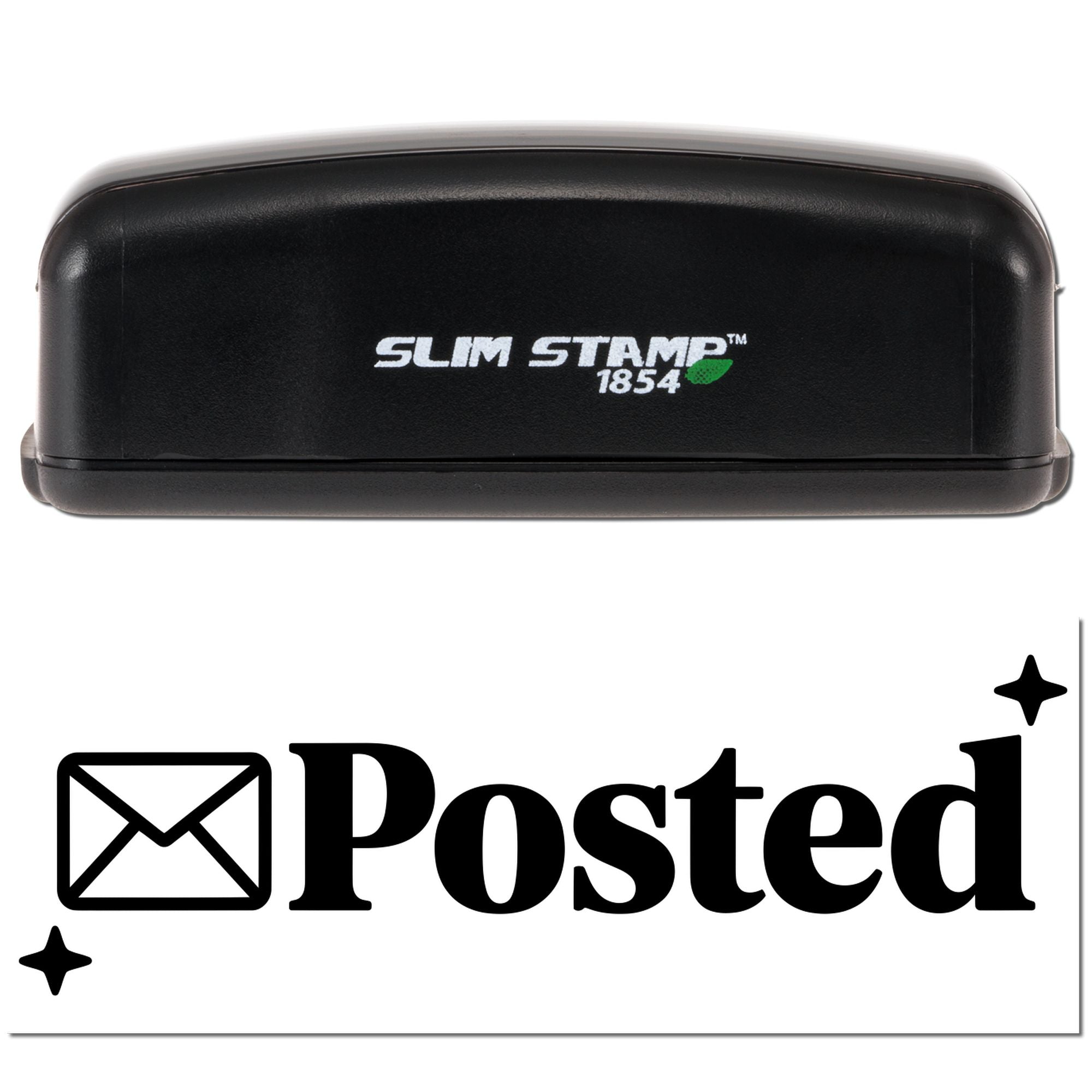 Black Slim Stamp 1854 self-inking stamp and seal with white logo and green leaf on a white background.