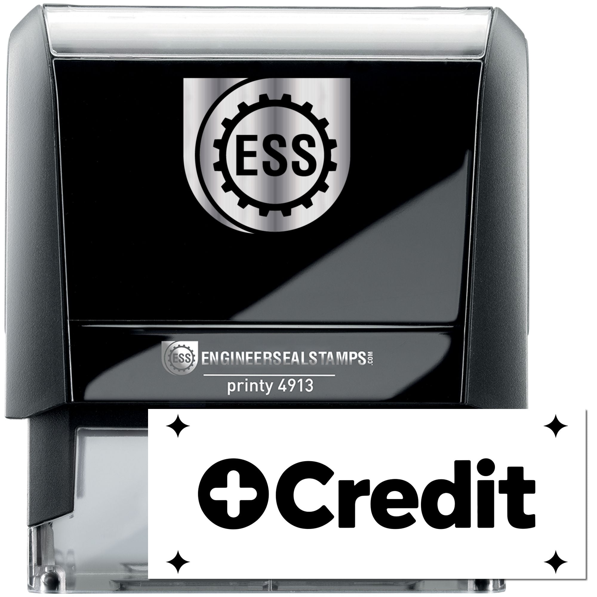 Black and silver self-inking engineer seal stamp with ESS logo, Credit label, and Printy 4913 branding.