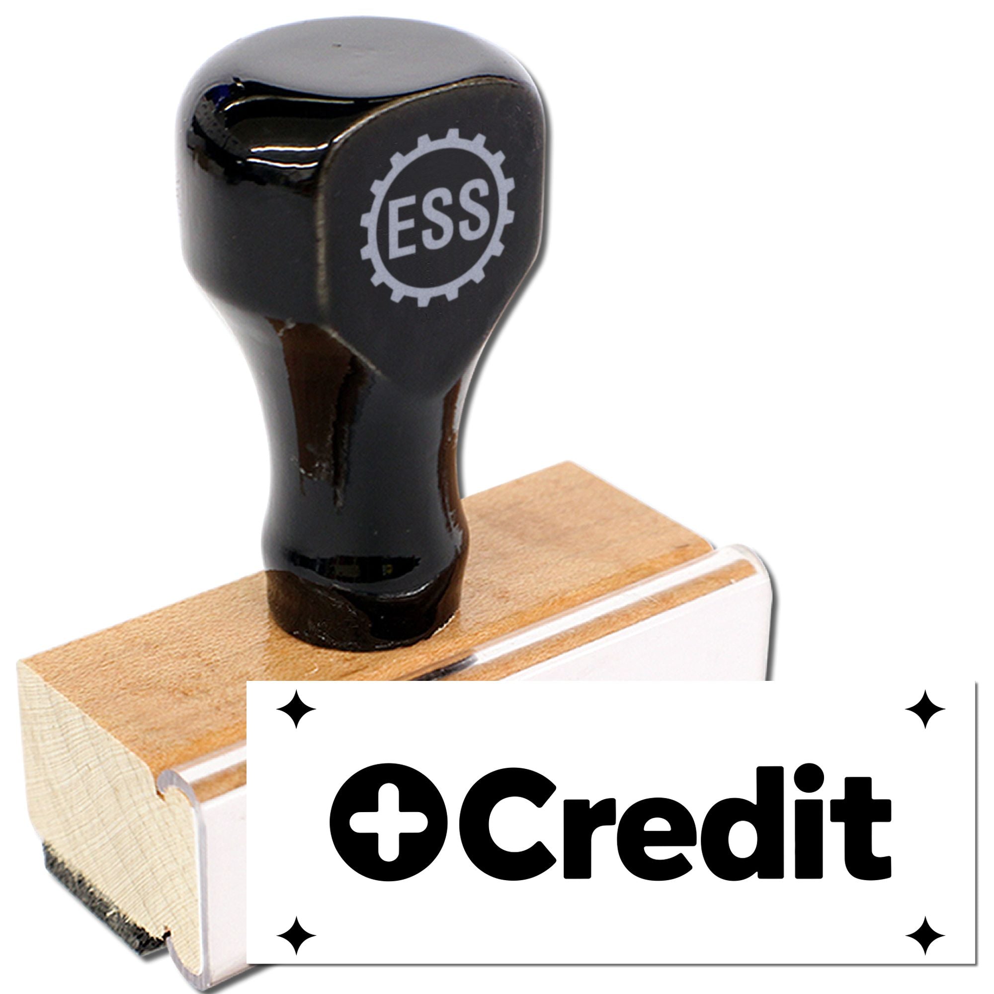 Black rubber credit stamp with wooden base and white seal label, featuring a gear-style ESS logo.