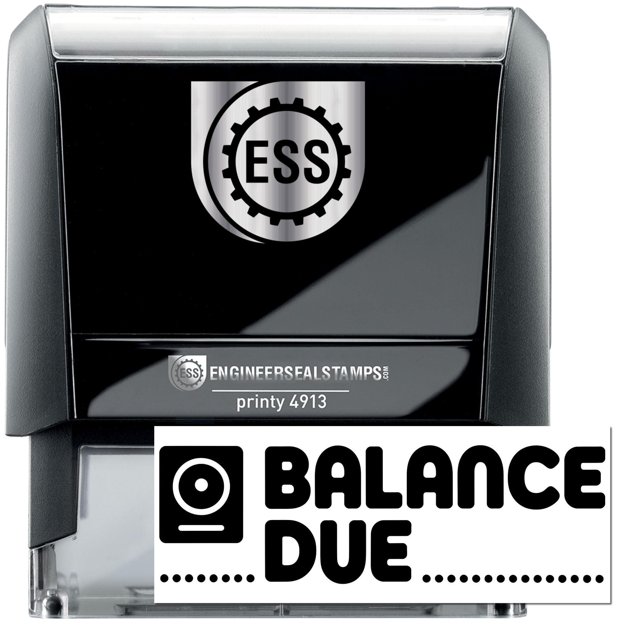 Black self-inking stamp and seal with silver accents, ESS logo, and Balance Due imprint.