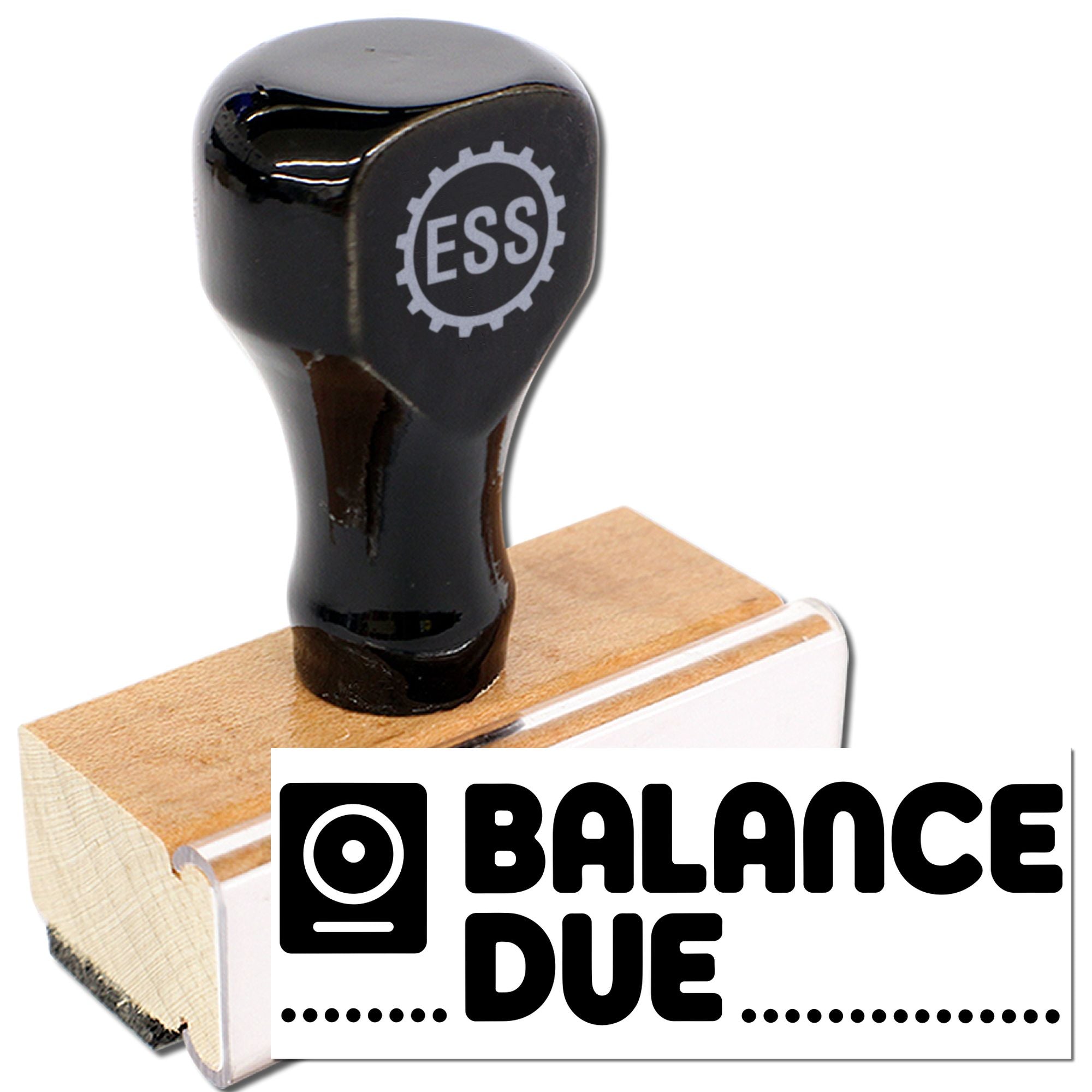 Black ESS rubber stamp on a wooden block with white Balance Due seal label