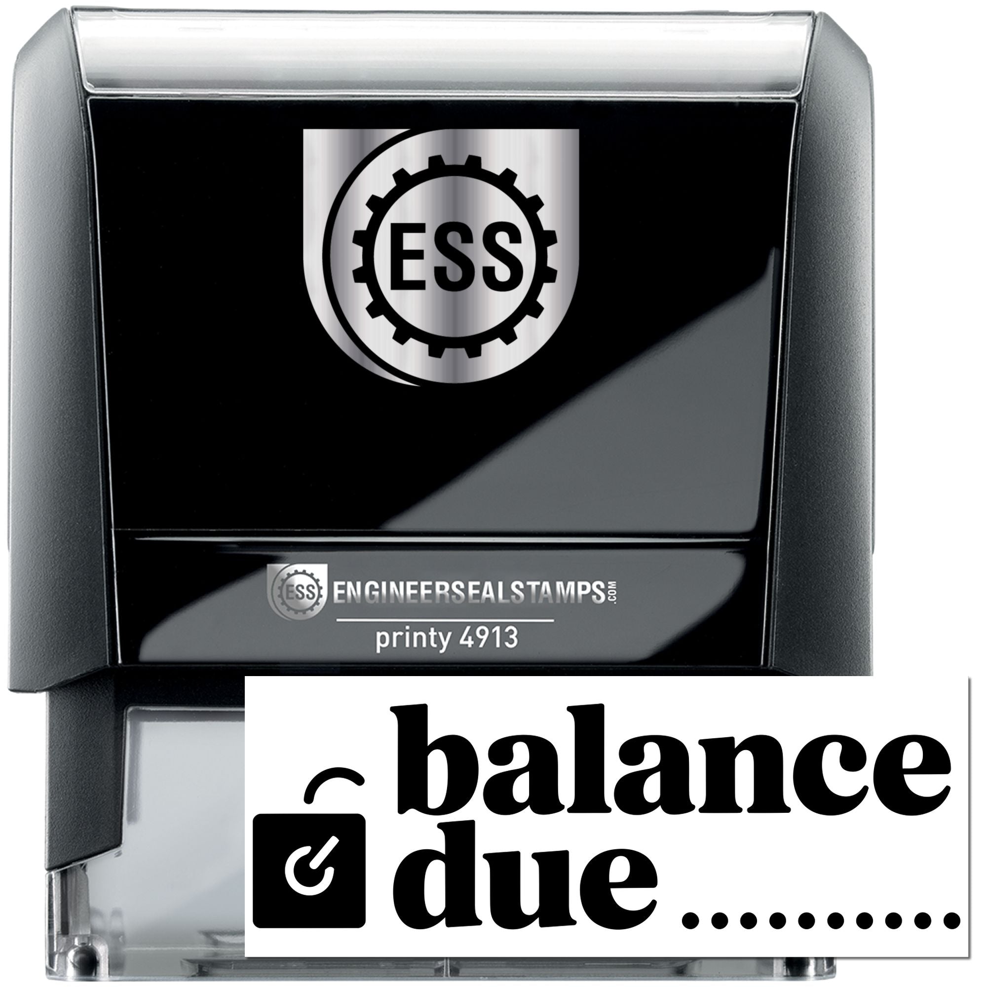 Black self-inking ESS stamp with silver gear logo and a white balance due seal.
