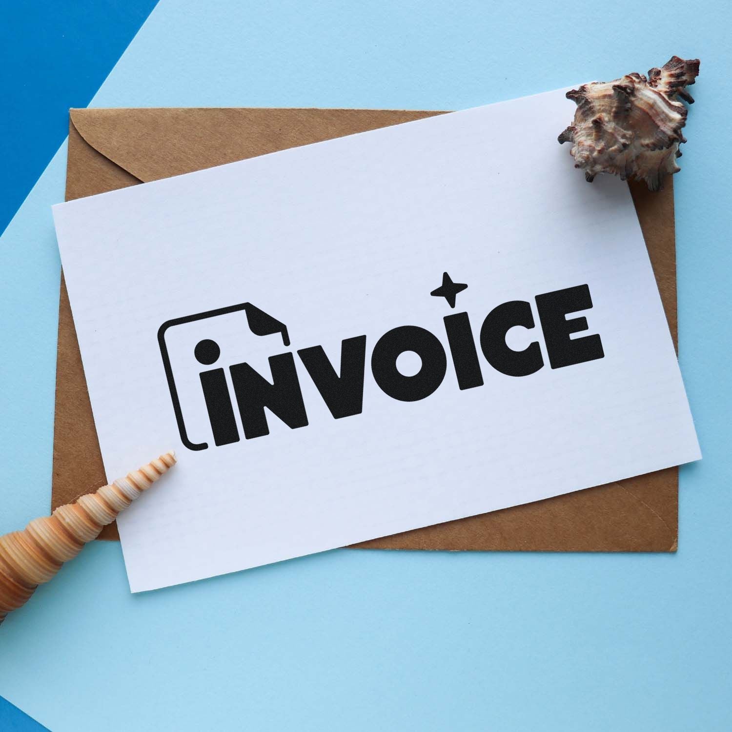 Invoice stamp on white card over brown envelope, accented with seashell stamp and seal products on a blue background.