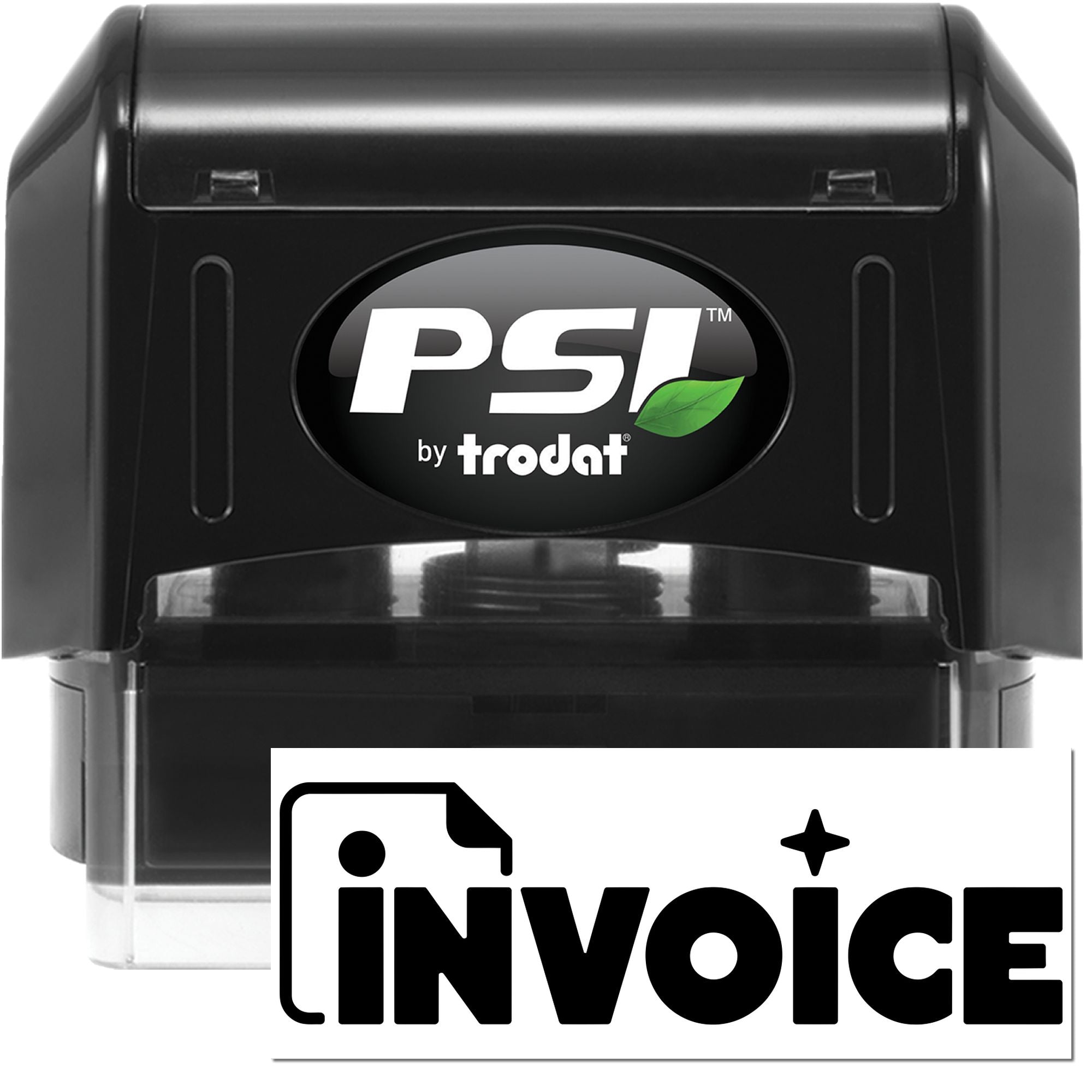 Black PSI by Trodat self-inking stamp and seal in black, with green leaf logo and invoice icon.