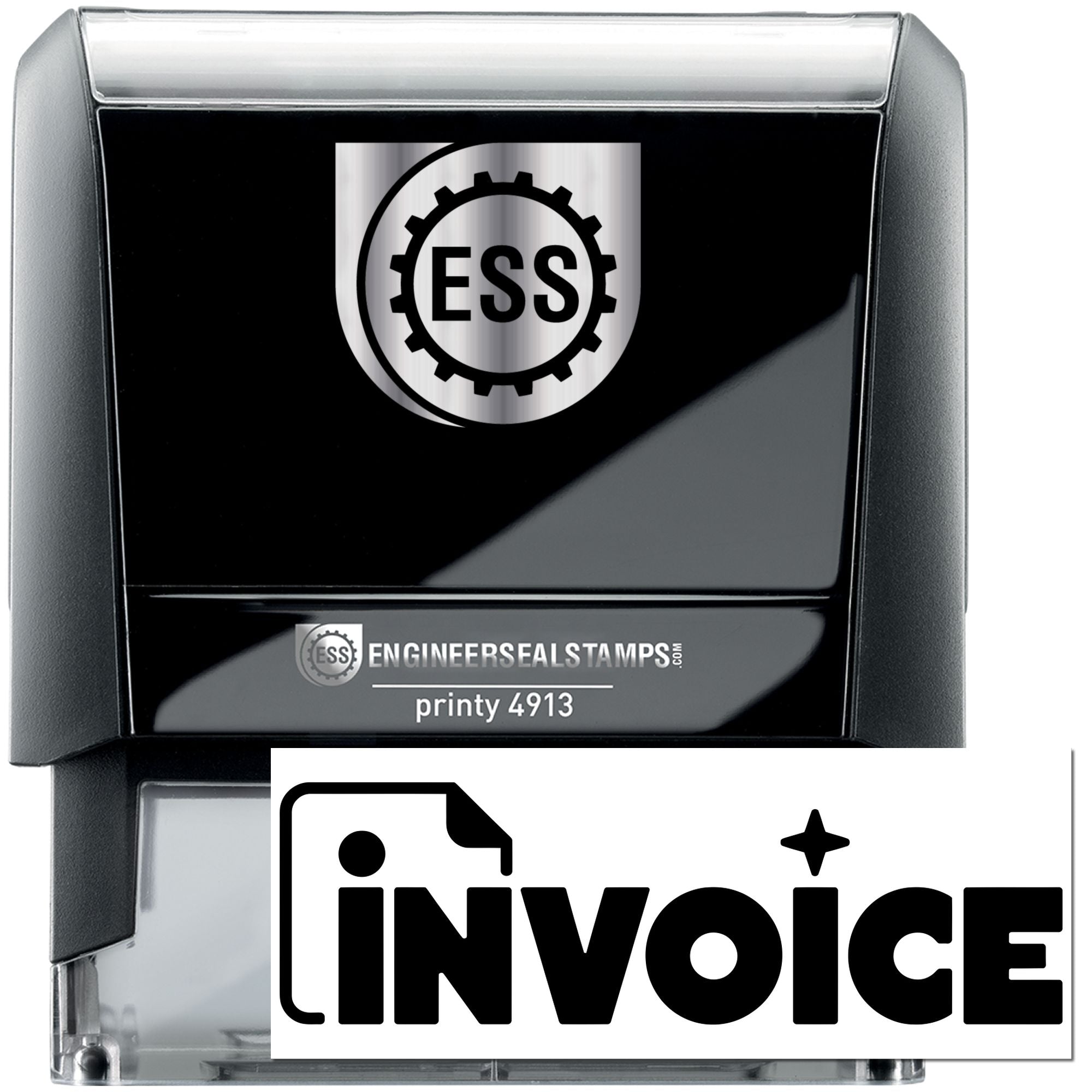 Black ESS self-inking stamp and seal with silver logo, gear emblem, and invoice icon