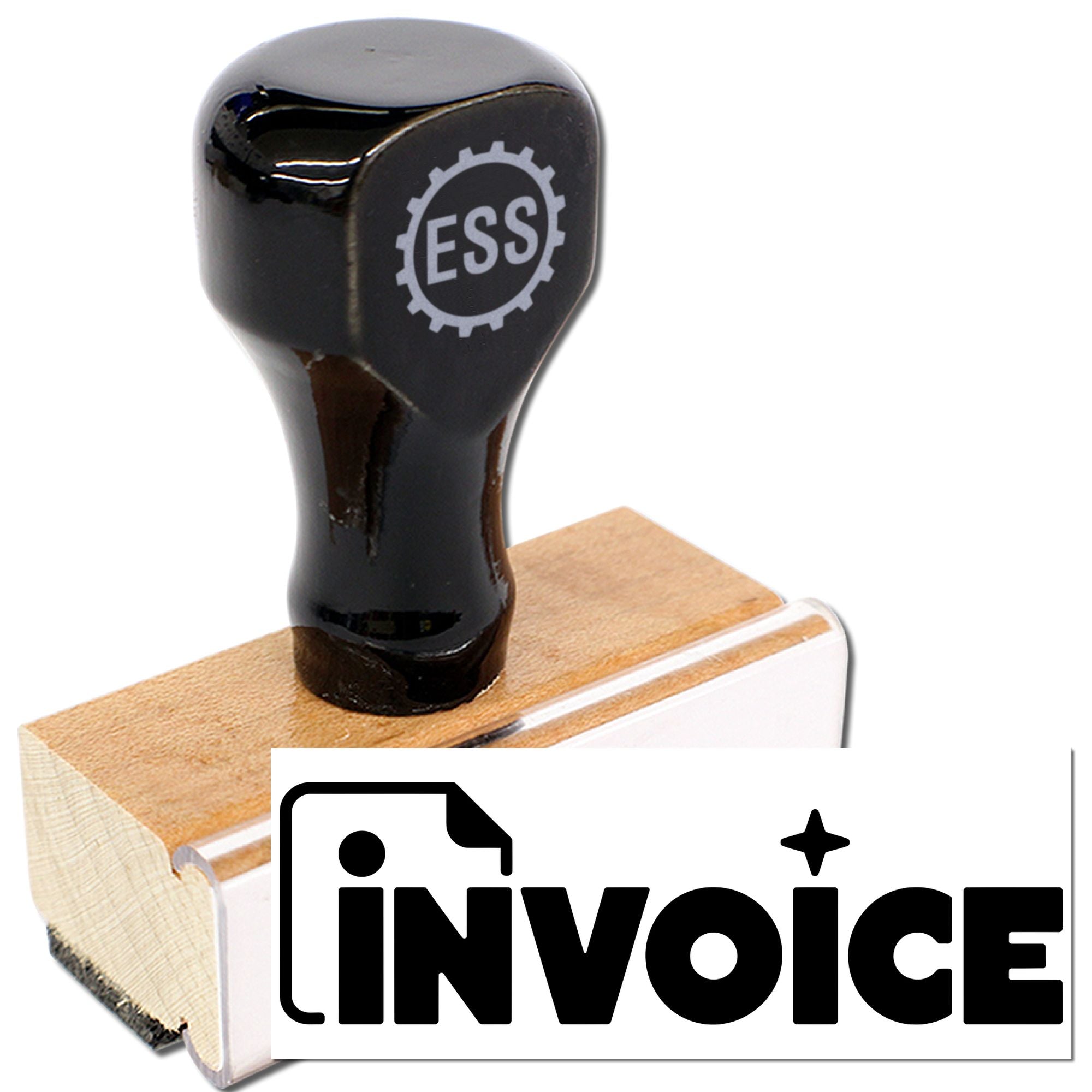 Black rubber stamp and seal with ESS logo on wooden base, featuring INVOICE branding on a white background.