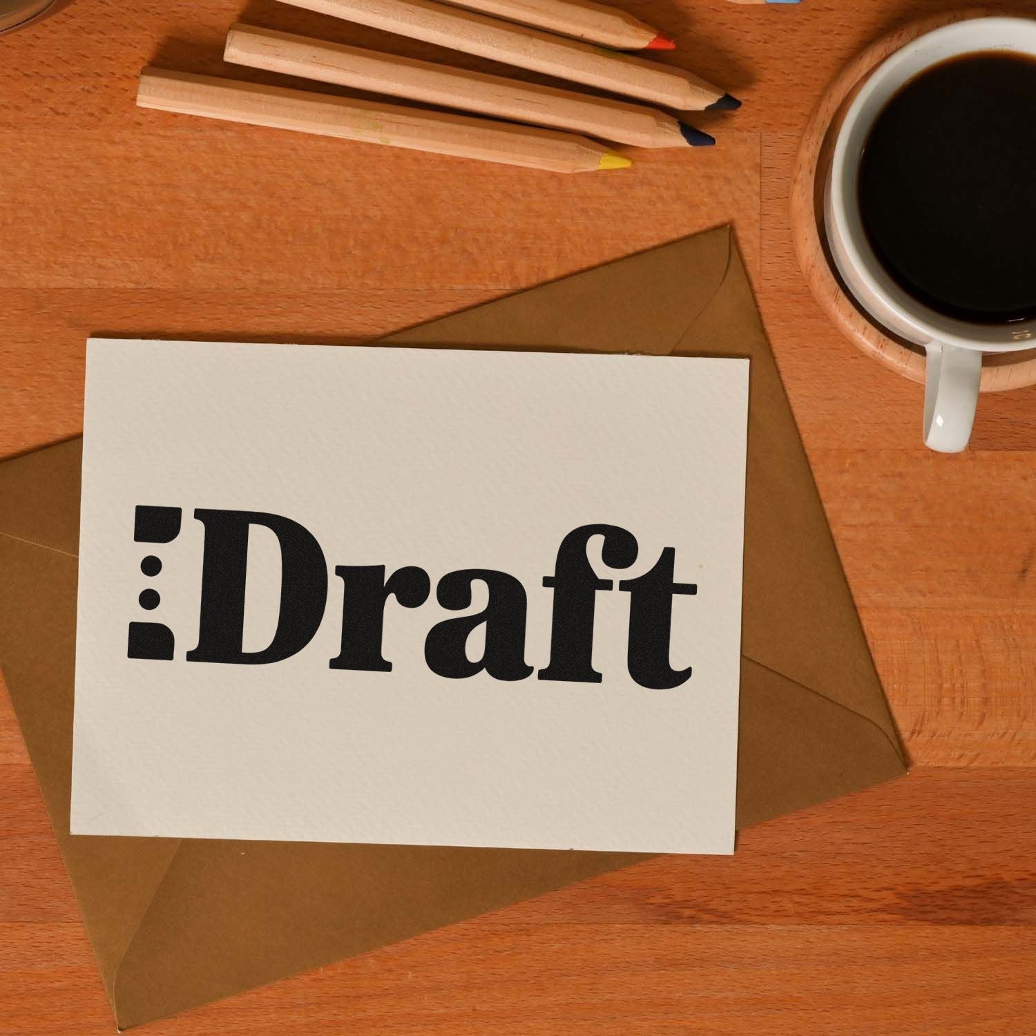 Black Draft stamp and seal on white card over a brown envelope, with colored pencils and coffee on a wooden desk.