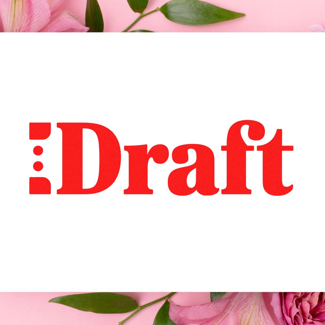 Red Draft stamp and seal mark on white, with pink flowers and green leaves