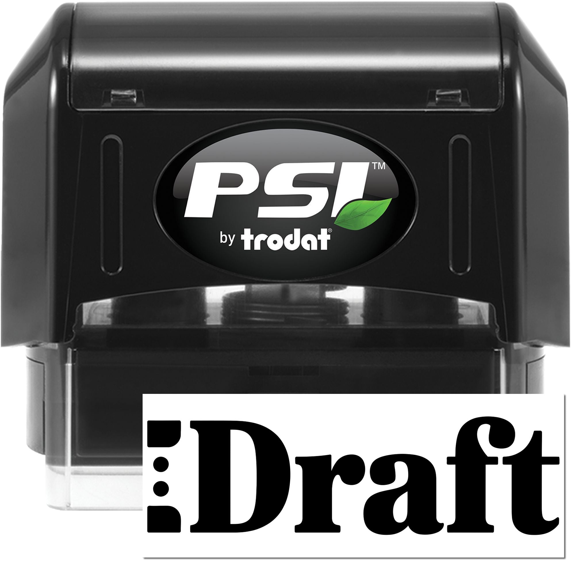 Black PSI by Trodat self-inking stamp and seal with green leaf logo and Draft imprint