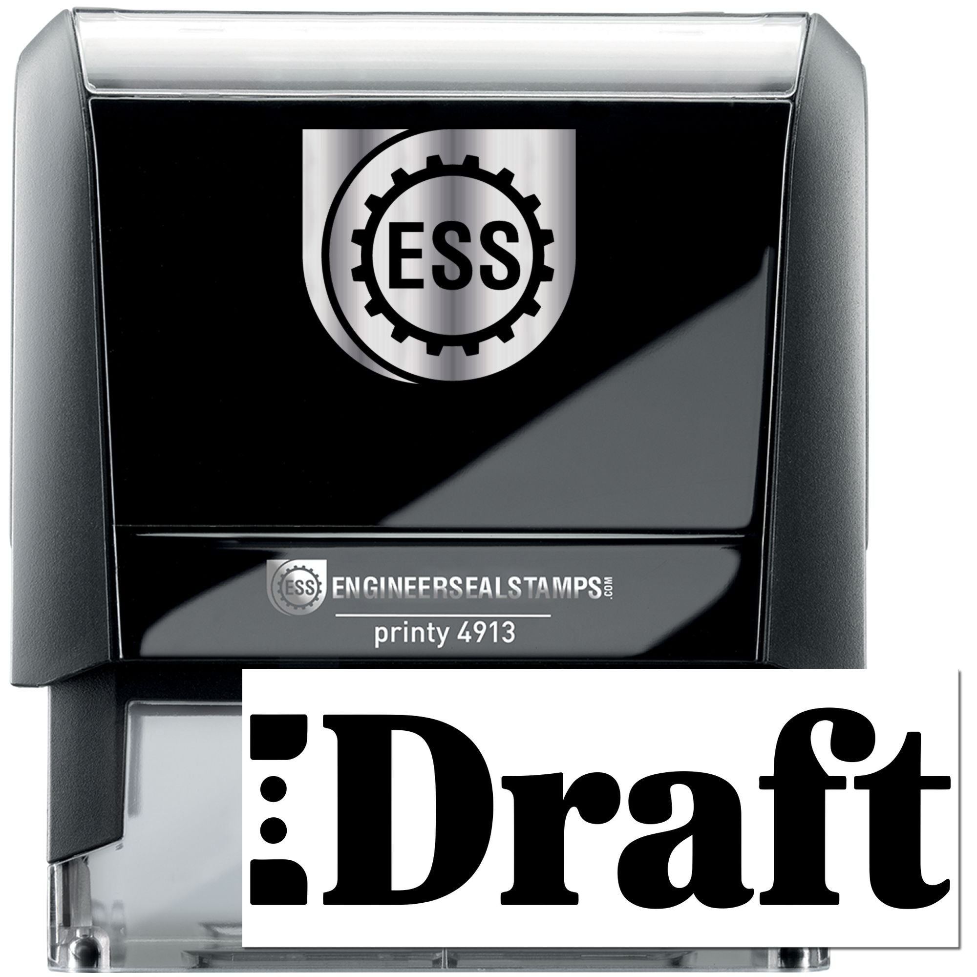 Black self-inking engineer seal stamp with silver top, ESS logo, and large Draft imprint.