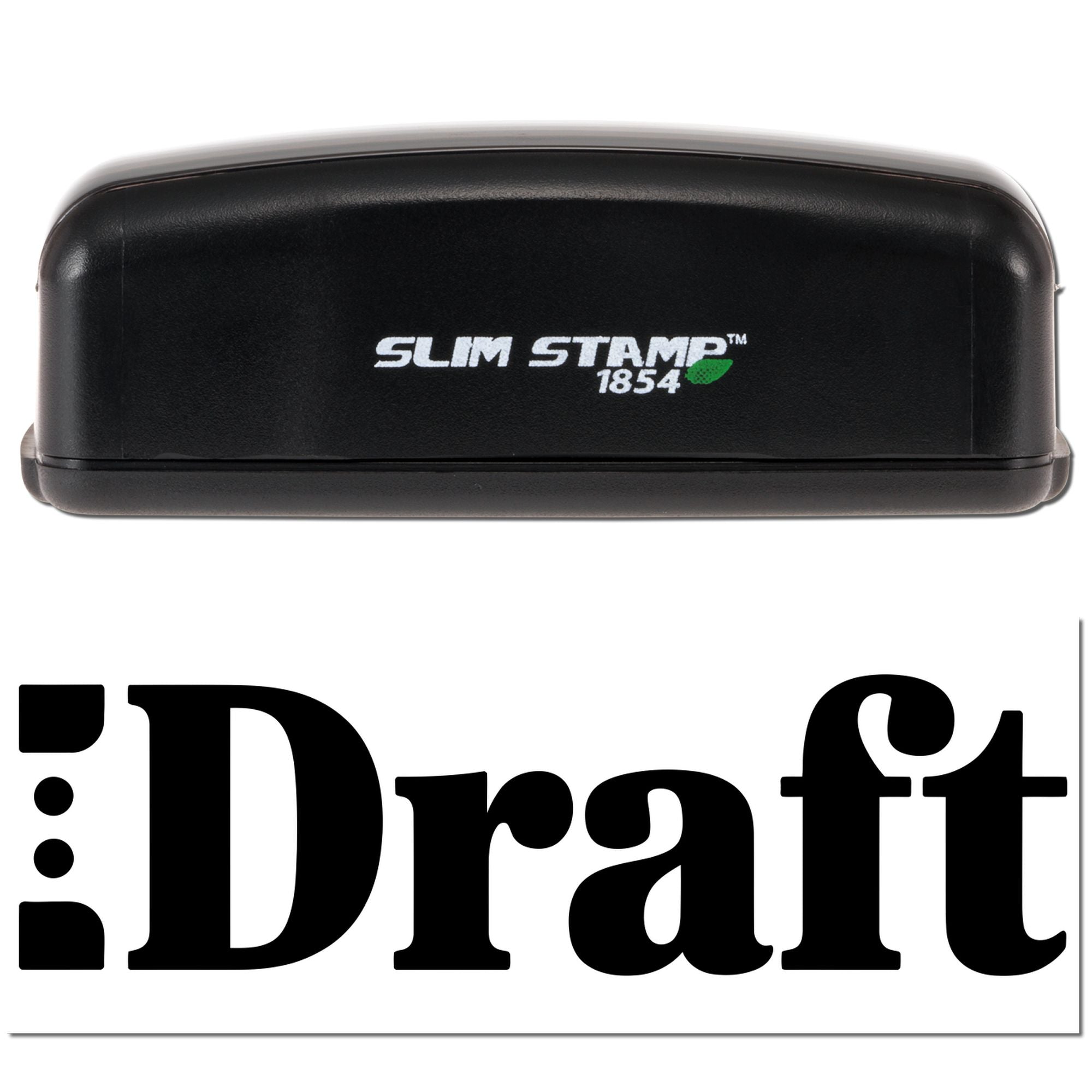 Black Slim Stamp 1854 self-inking stamp case with Draft branding on white background