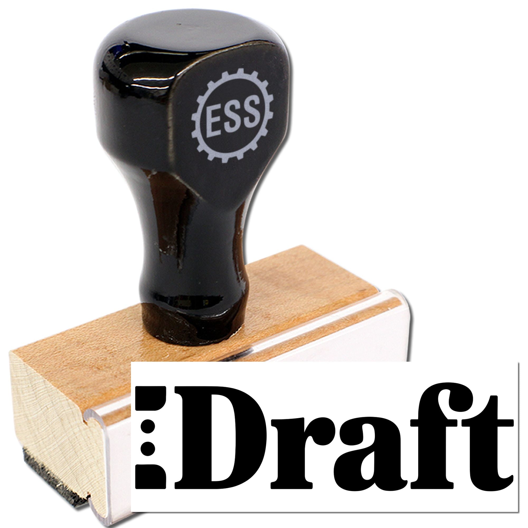 Black rubber stamp seal with ESS gear logo and large Draft text on a wooden base