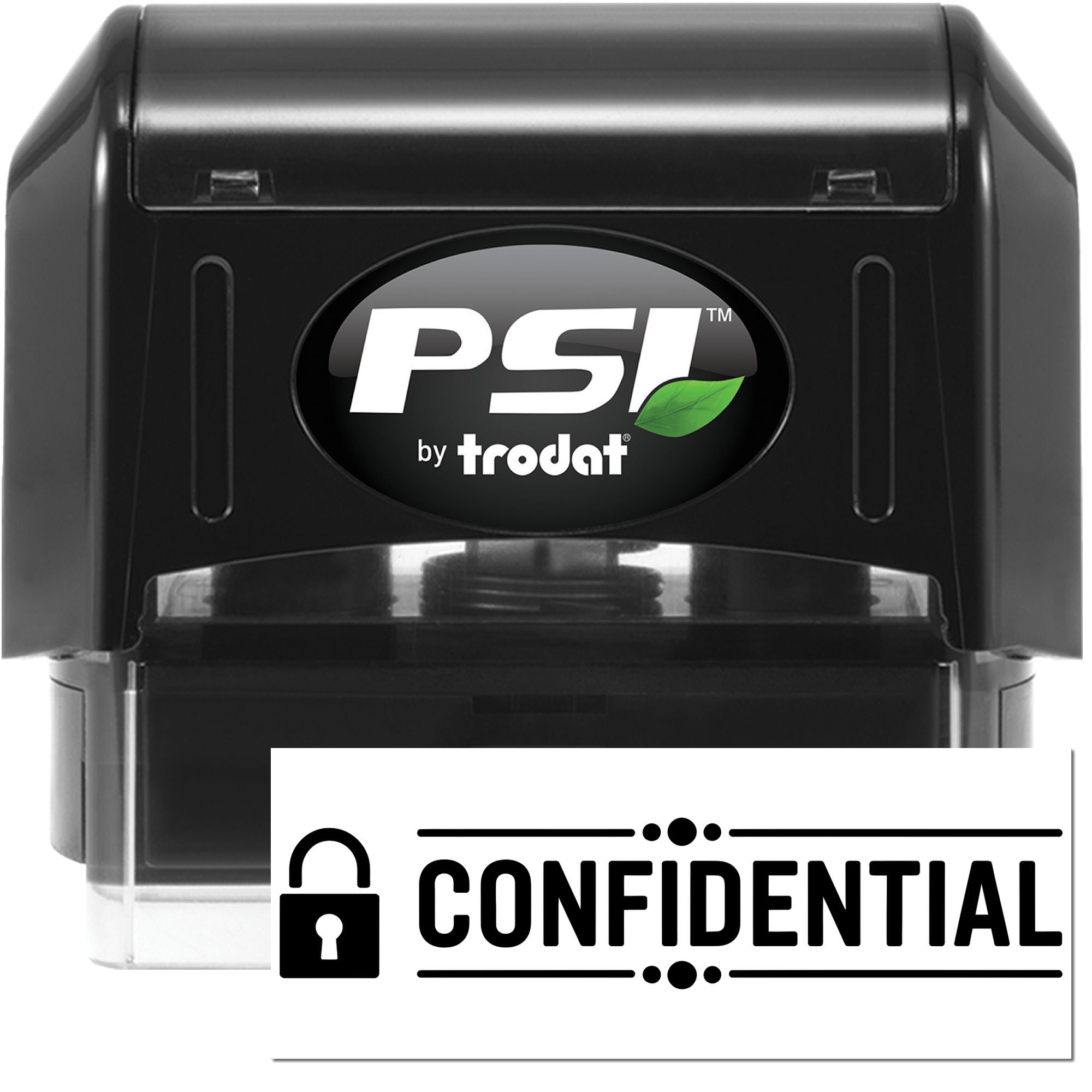 Black PSI by Trodat self-inking stamp and confidential seal set with white label and lock icon