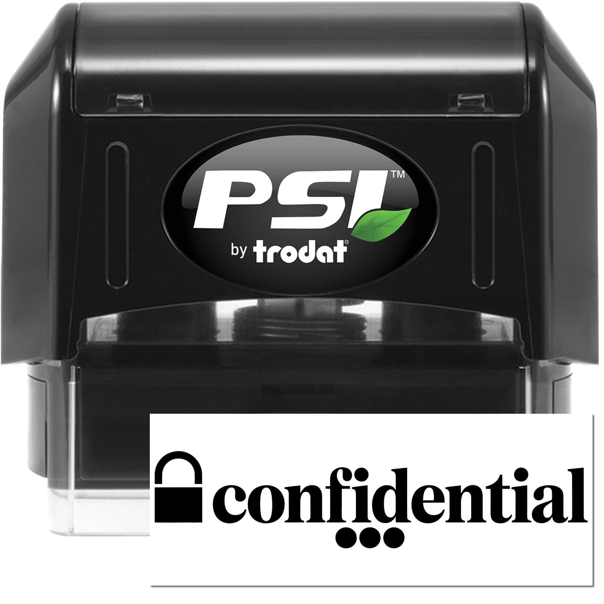 Black PSI by Trodat self-inking stamp with green leaf logo and white confidential seal label.