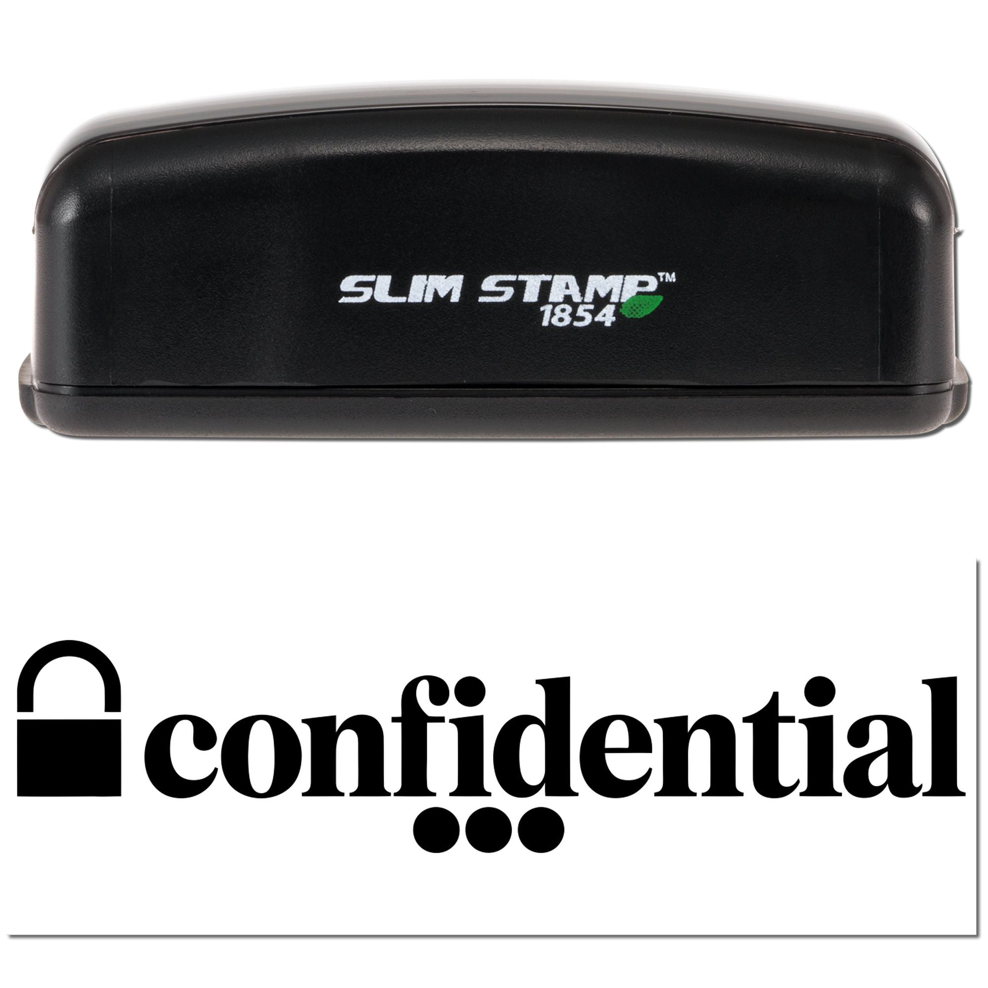 Black Slim Stamp 1854 self-inking stamp with green leaf logo above a white confidential seal card.