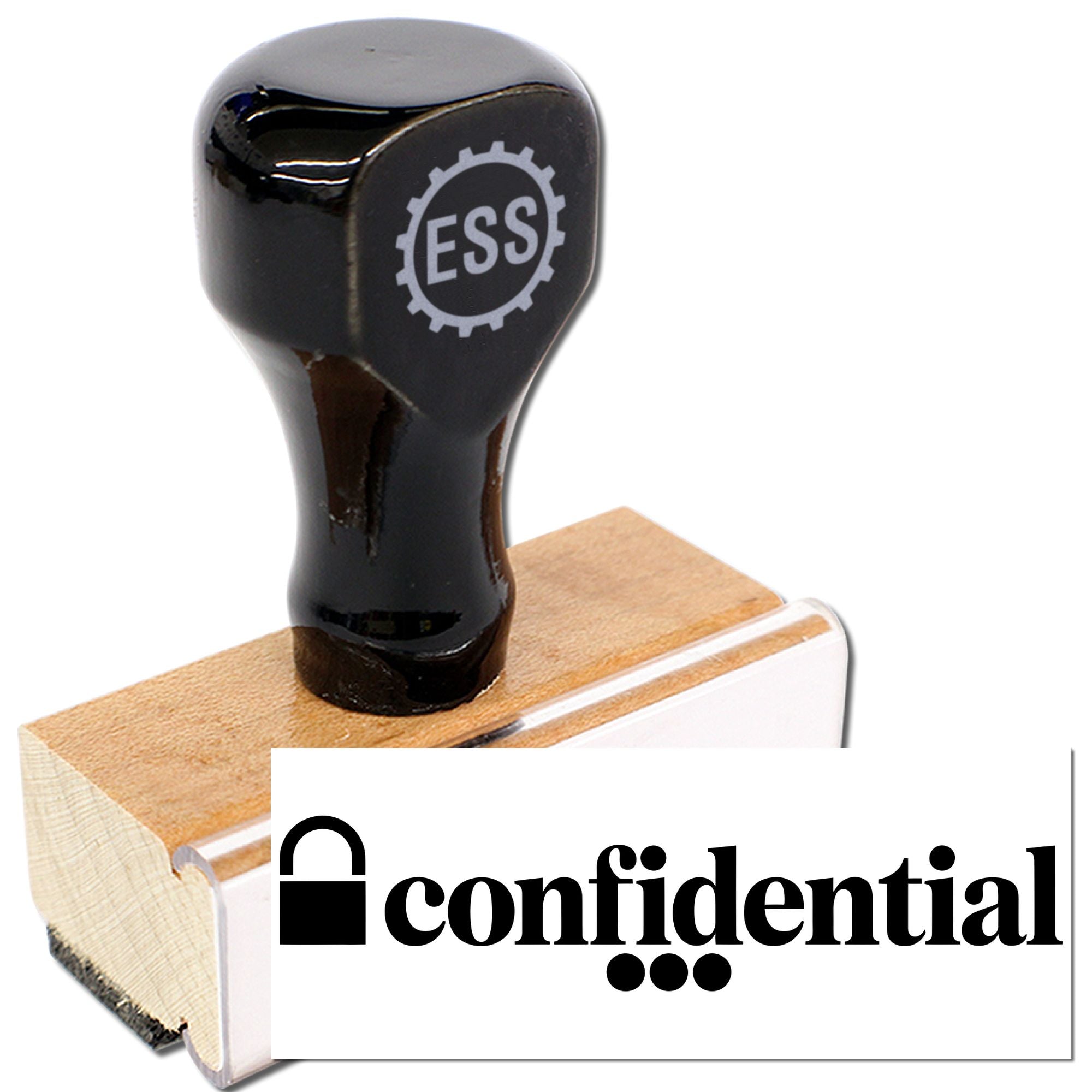 Black ESS rubber stamp and confidential seal on a white card, mounted on a wooden block